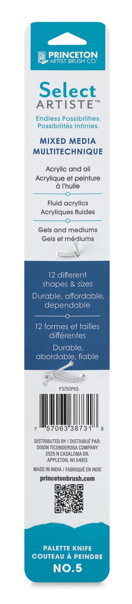 Princeton Select Palette Knife - Style 5, Medium Long Spade, back of the packaging