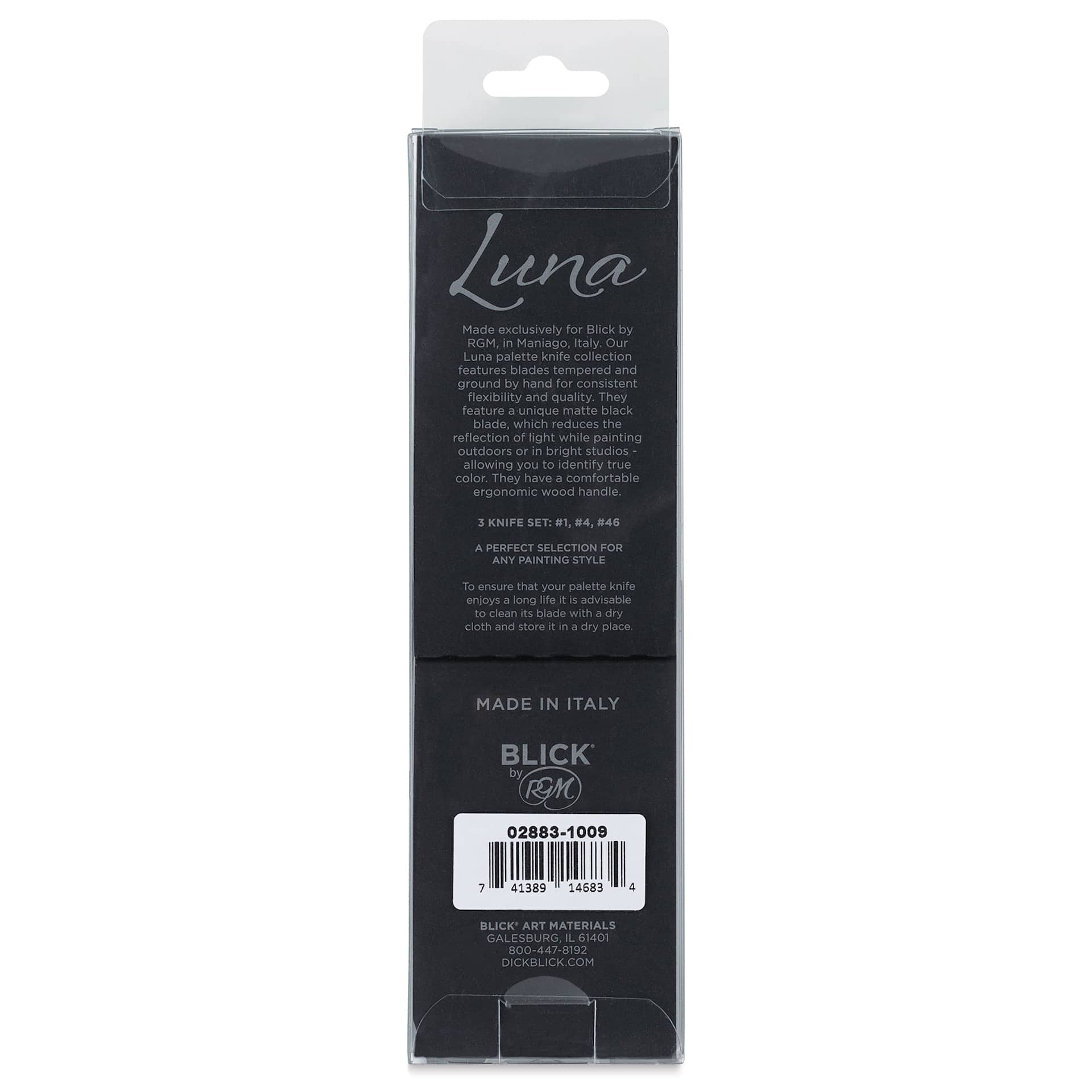 Blick Luna Palette Knife by RGM - Assorted, Set of 3, back of the packaging