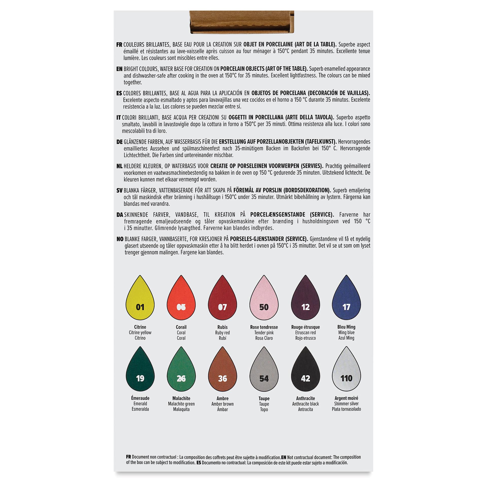Pebeo Porcelaine 150 Paints - Exploration Set 2, Set of 12, 20 ml bottle back of box