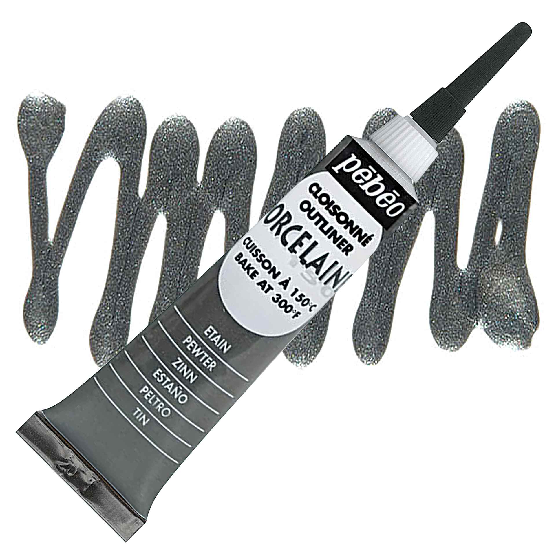 Pebeo Porcelaine 150 Outliner - Pewter, 20 ml tube and swatch
