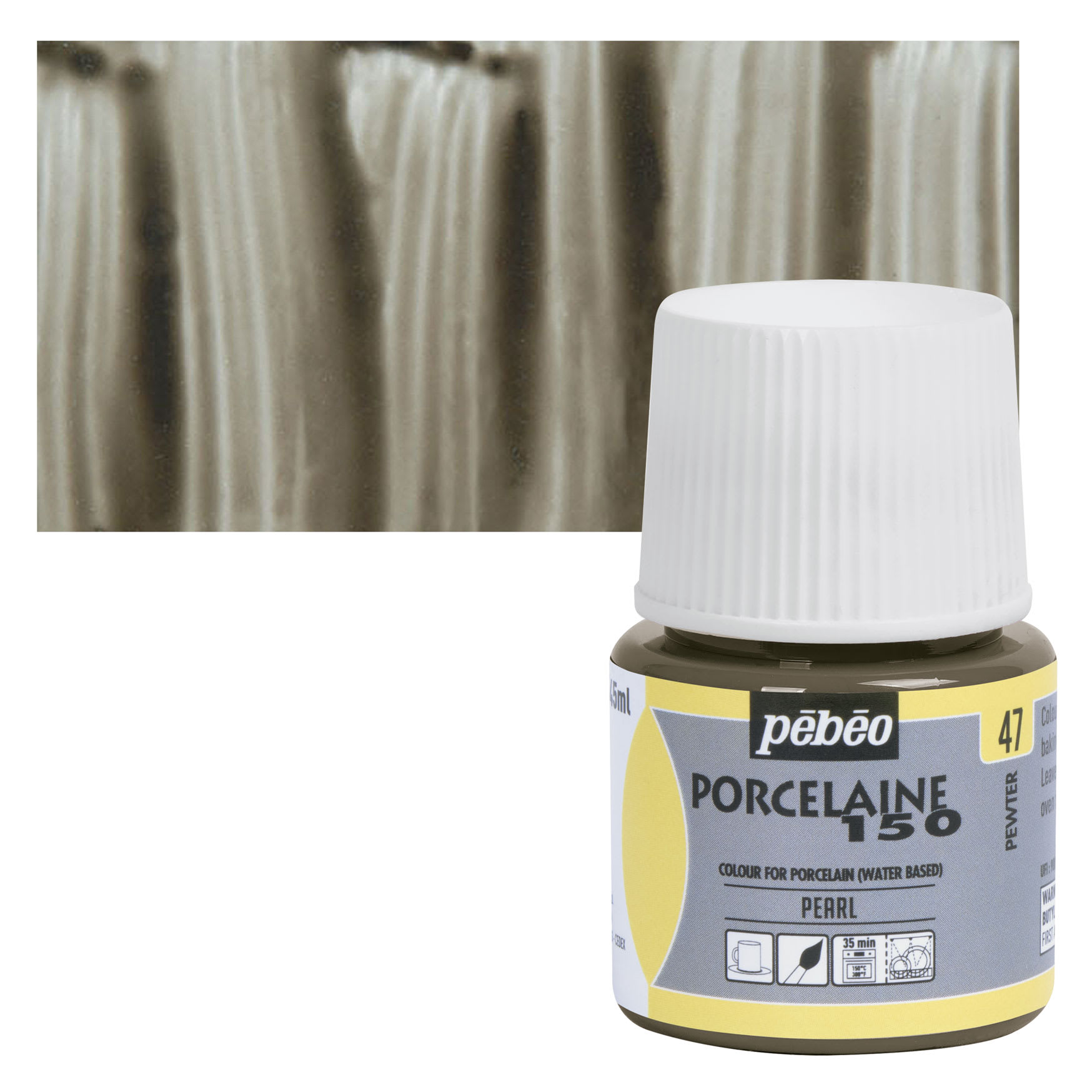Pebeo Porcelaine 150 Paint - Pewter, Opaque, 45 ml bottle and swatch