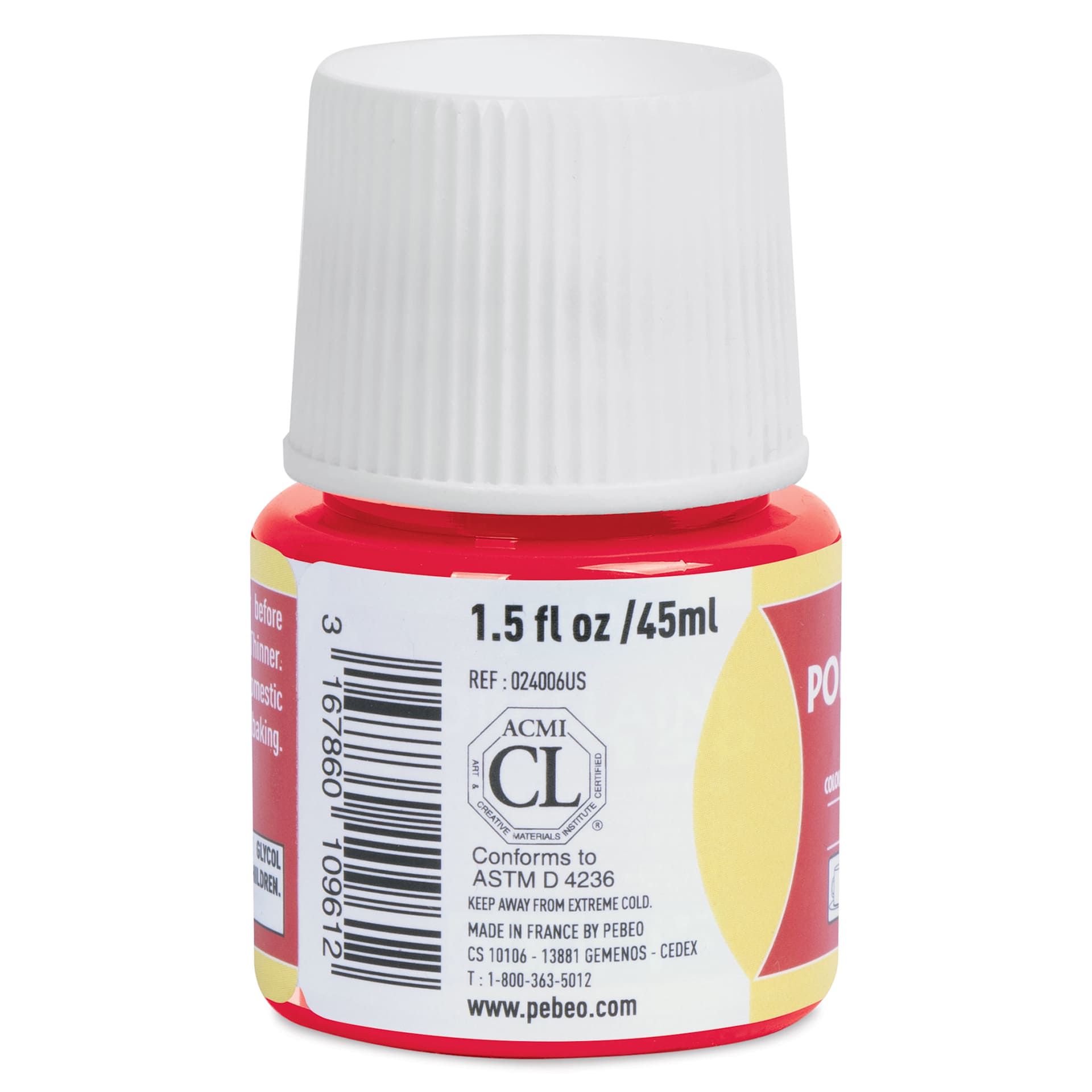 Pebeo Porcelaine 150 Paint - Scarlet, Transparent, 45 ml bottle (side)