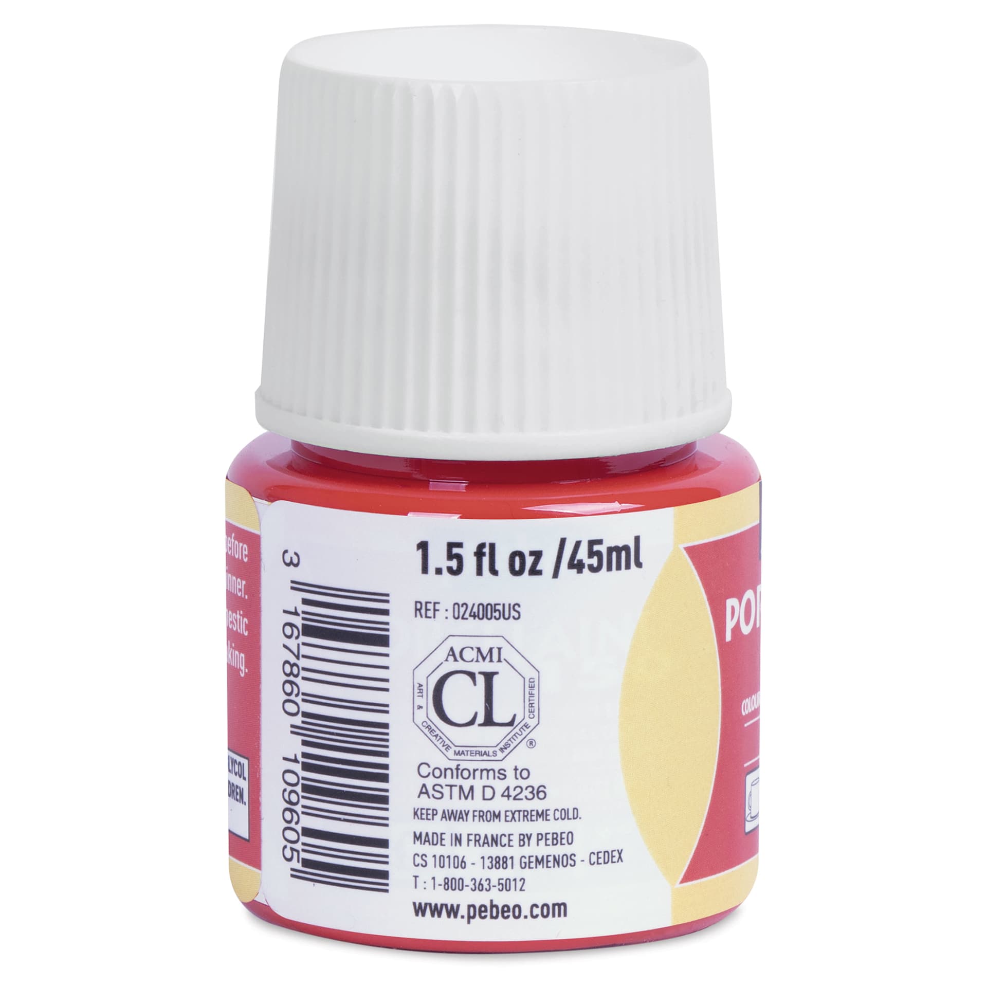 Pebeo Porcelaine 150 Paint - Coral, Transparent, 45 ml bottle (side)