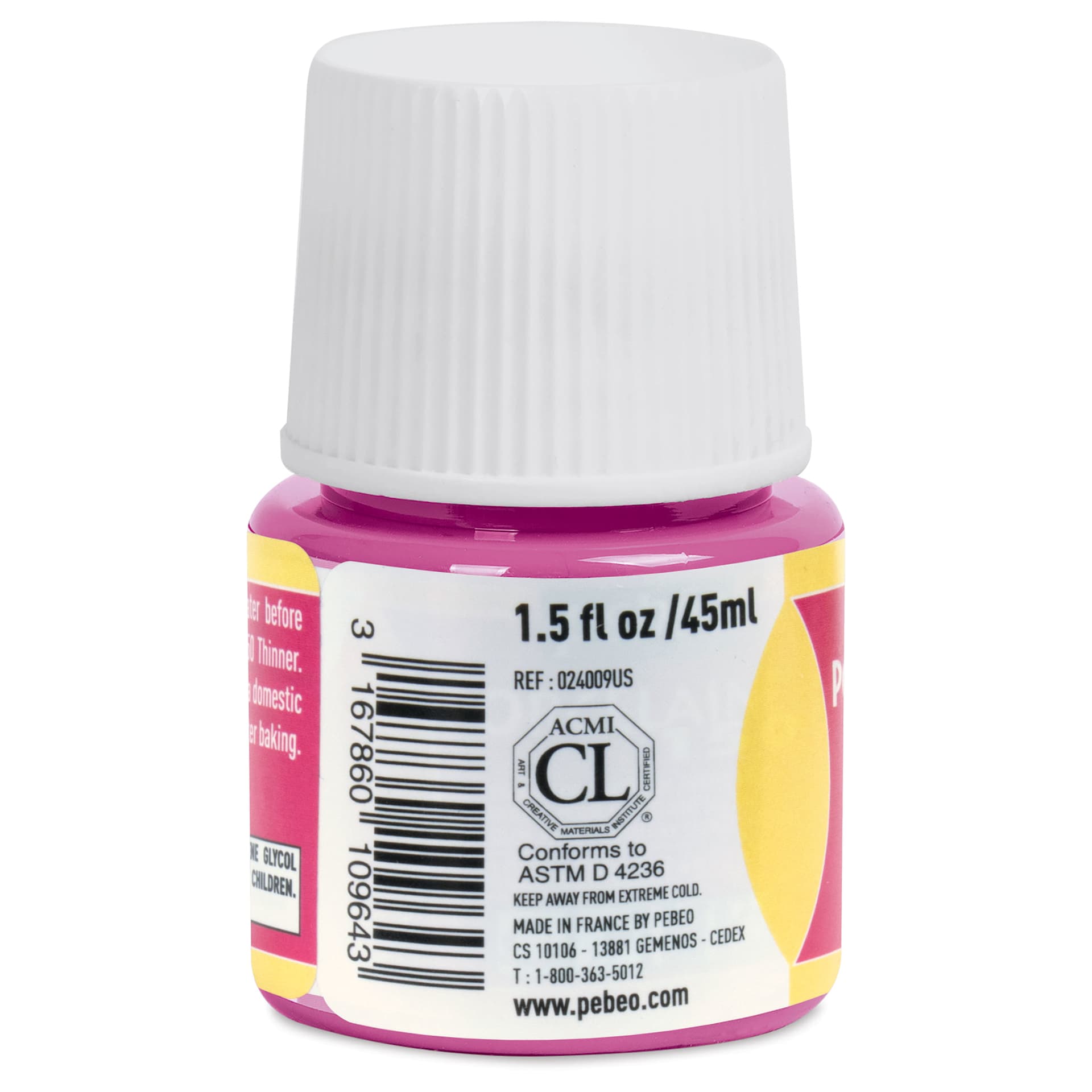 Pebeo Porcelaine 150 Paint - Fuschia, Transparent, 45 ml bottle (side)