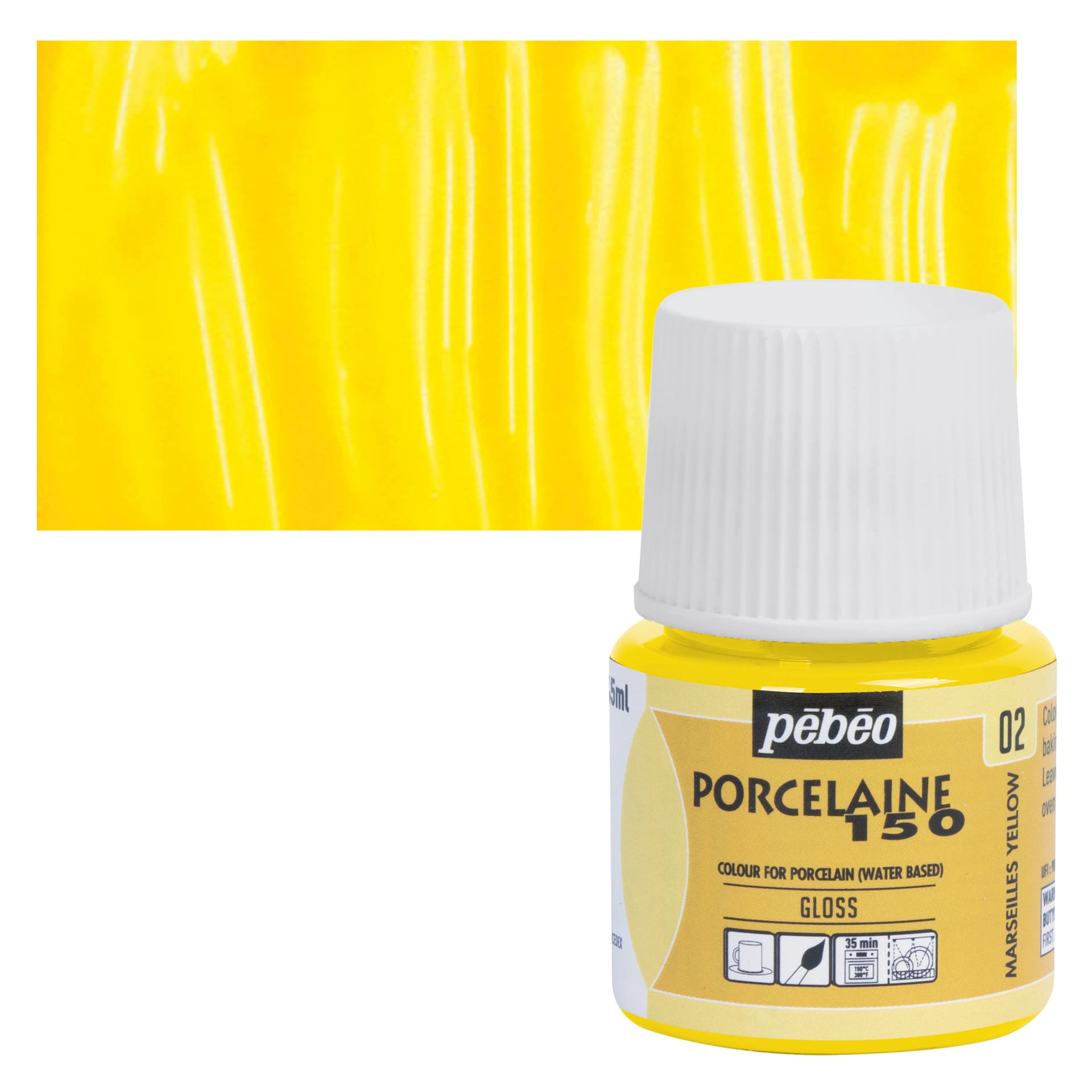 Pebeo Porcelaine 150 Paint - Marseille Yellow, Transparent, 45 ml bottle and swatch