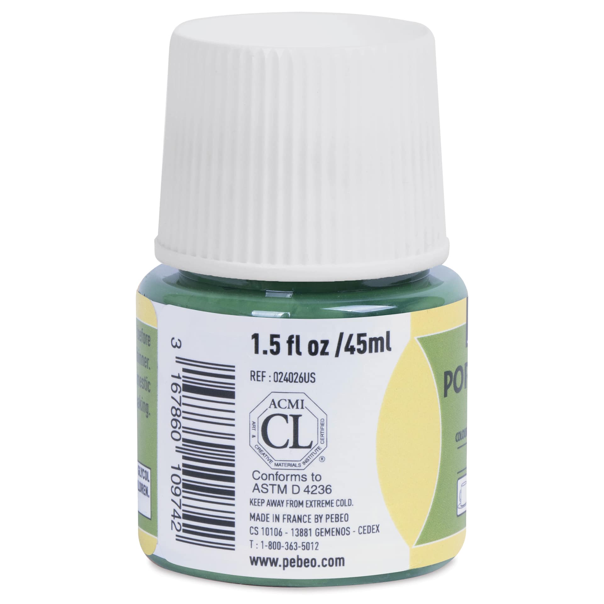 Pebeo Porcelaine 150 Paint - Malachite, Transparent, 45 ml bottle (side)