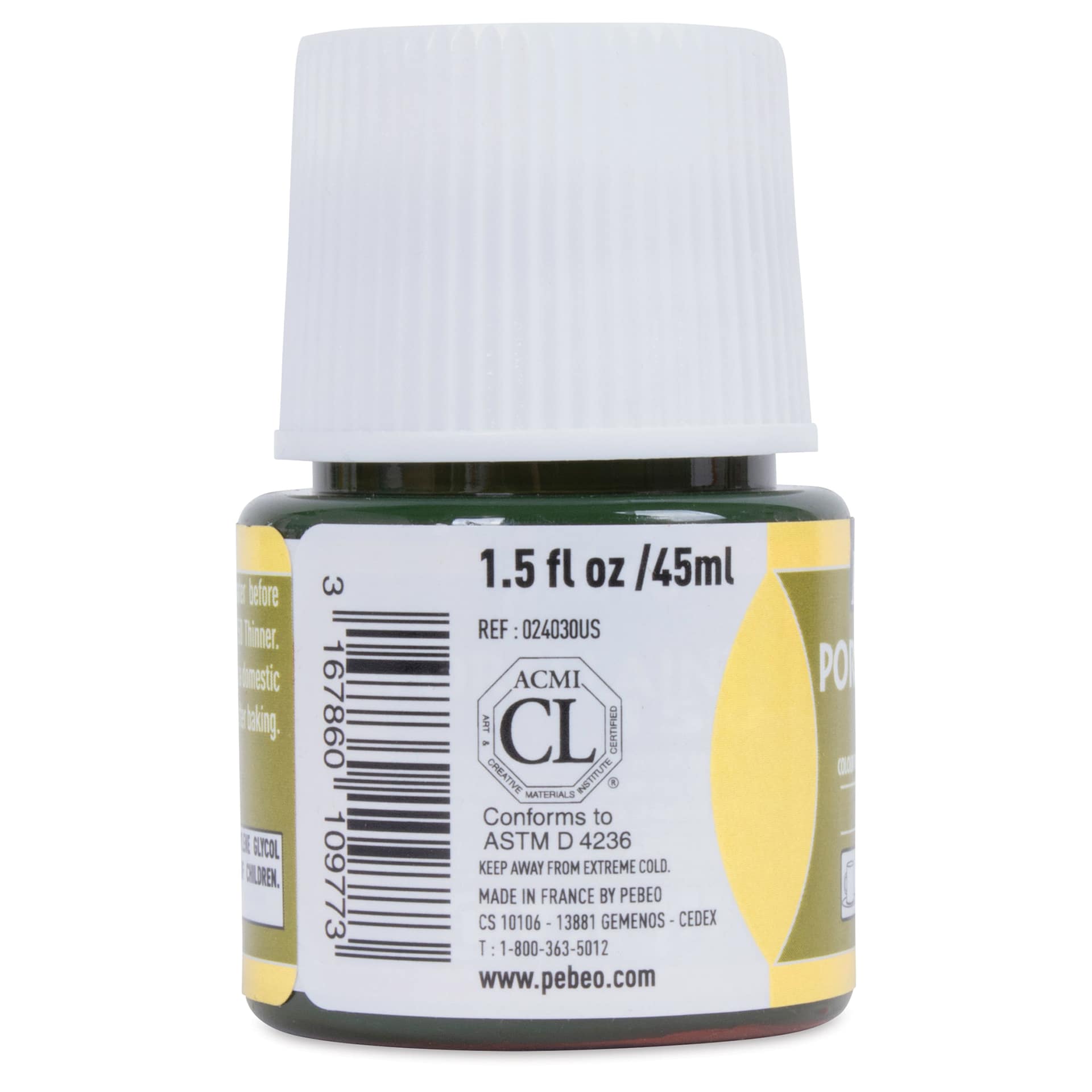 Pebeo Porcelaine 150 Paint - Peridot, Transparent, 45 ml bottle (side)