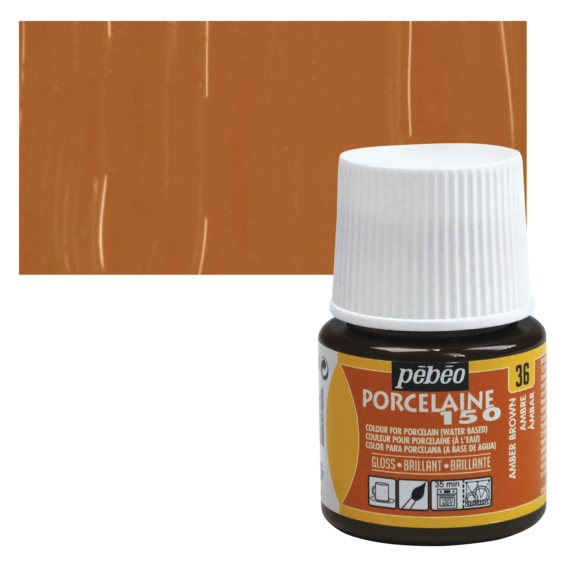 Pebeo Porcelaine 150 Paint - Amber, Transparent, 45 ml bottle bottle and swatch
