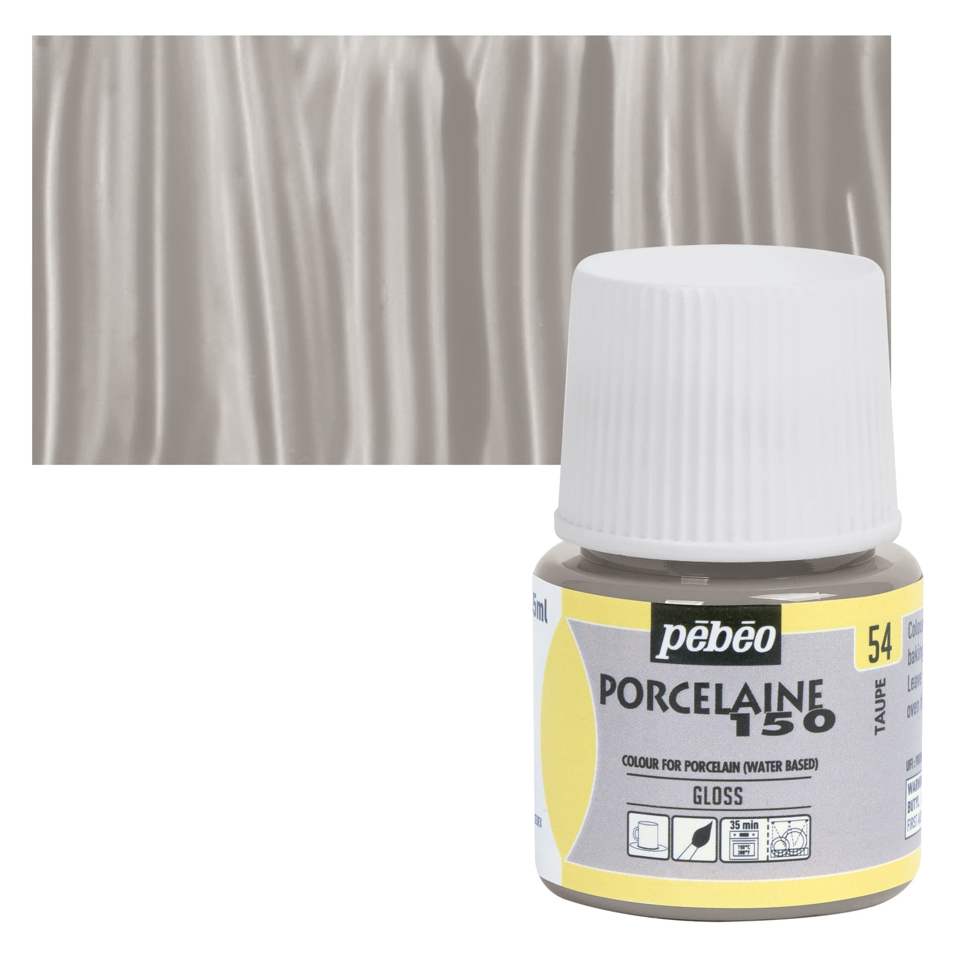 Pebeo Porcelaine 150 Paint - Taupe, Opaque, 45 ml bottle and swatch