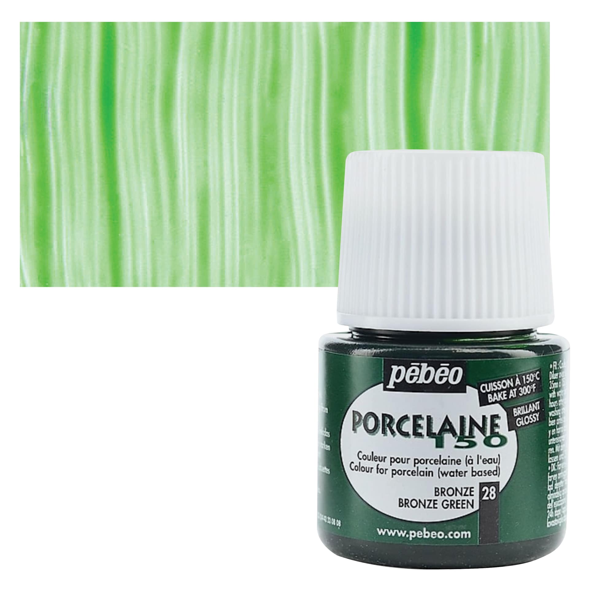 Pebeo Porcelaine 150 Paint - Bronze Green, Transparent, 45 ml bottle and swatch