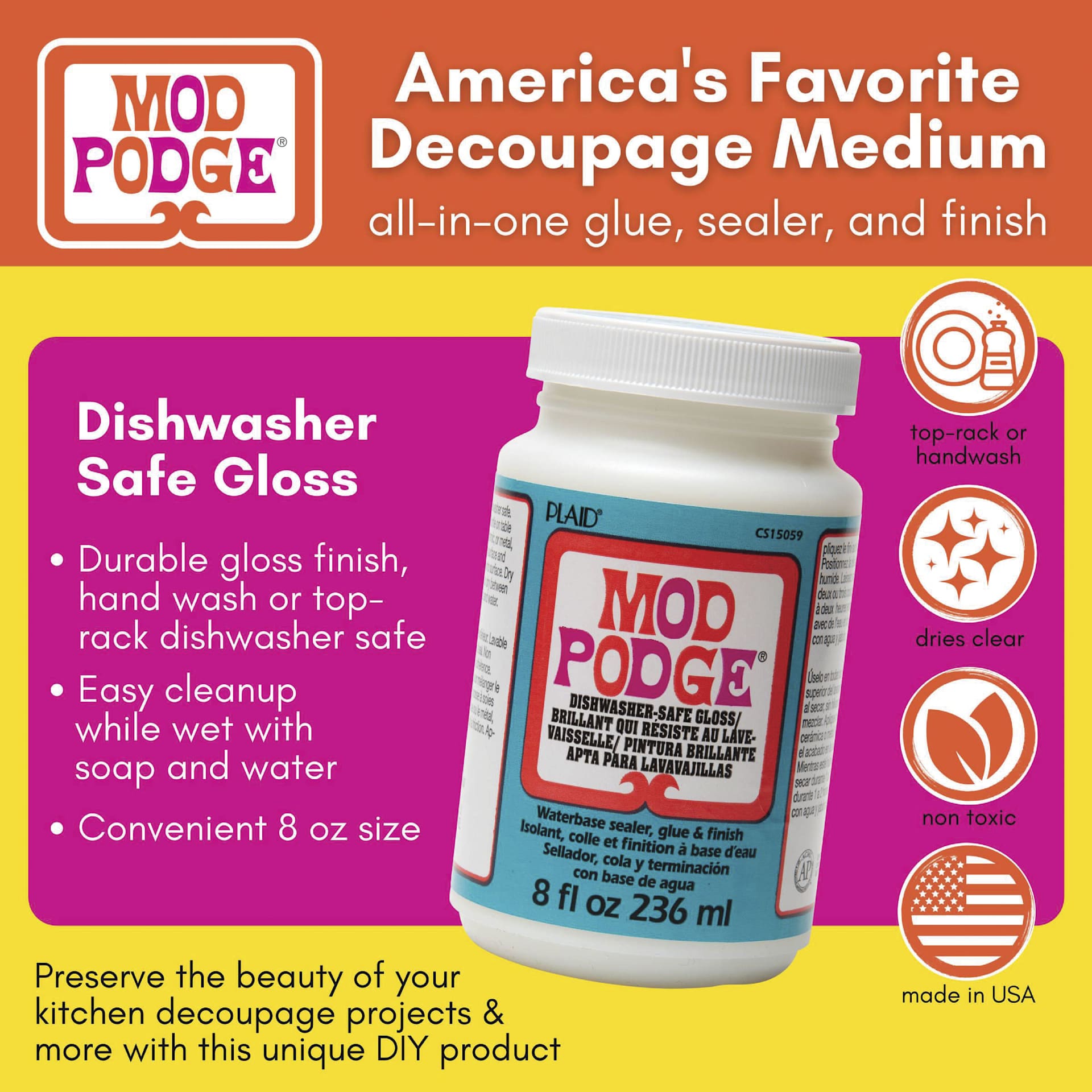 Mod Podge Dishwasher Safe Gloss - 8 oz - features