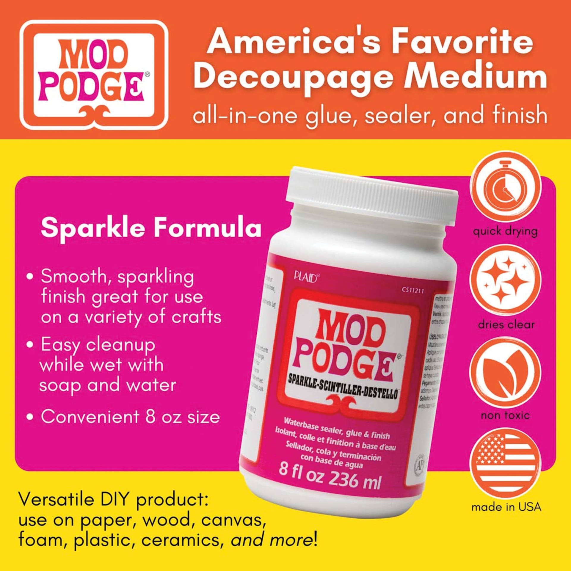 Mod Podge Sparkle Finish, display of features and specifications