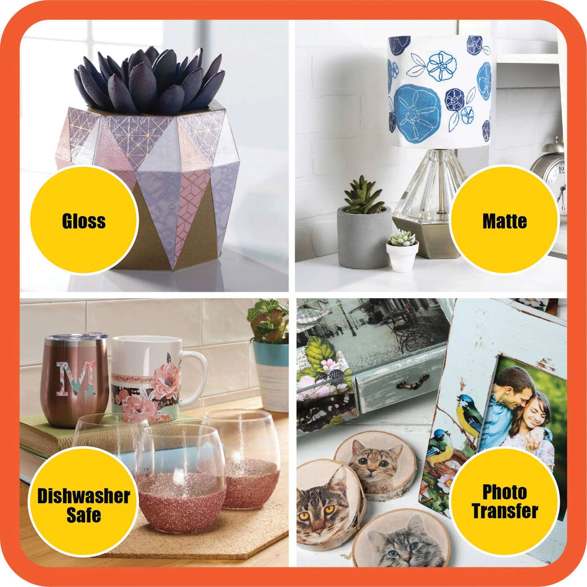 Plaid Mod Podge Starter Set - Assorted Finishes, Set of 4, various surfaces finished with Mod Podge