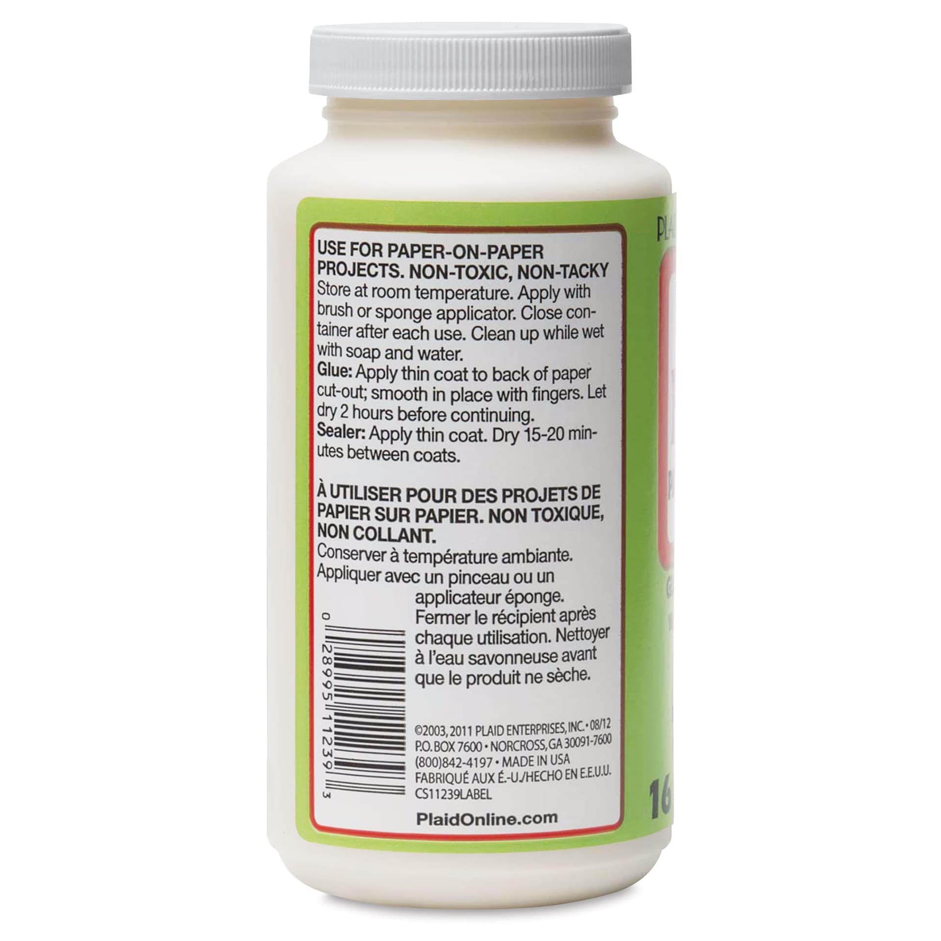 Plaid Mod Podge Paper - Gloss Finish, 16 oz, back of the Jar