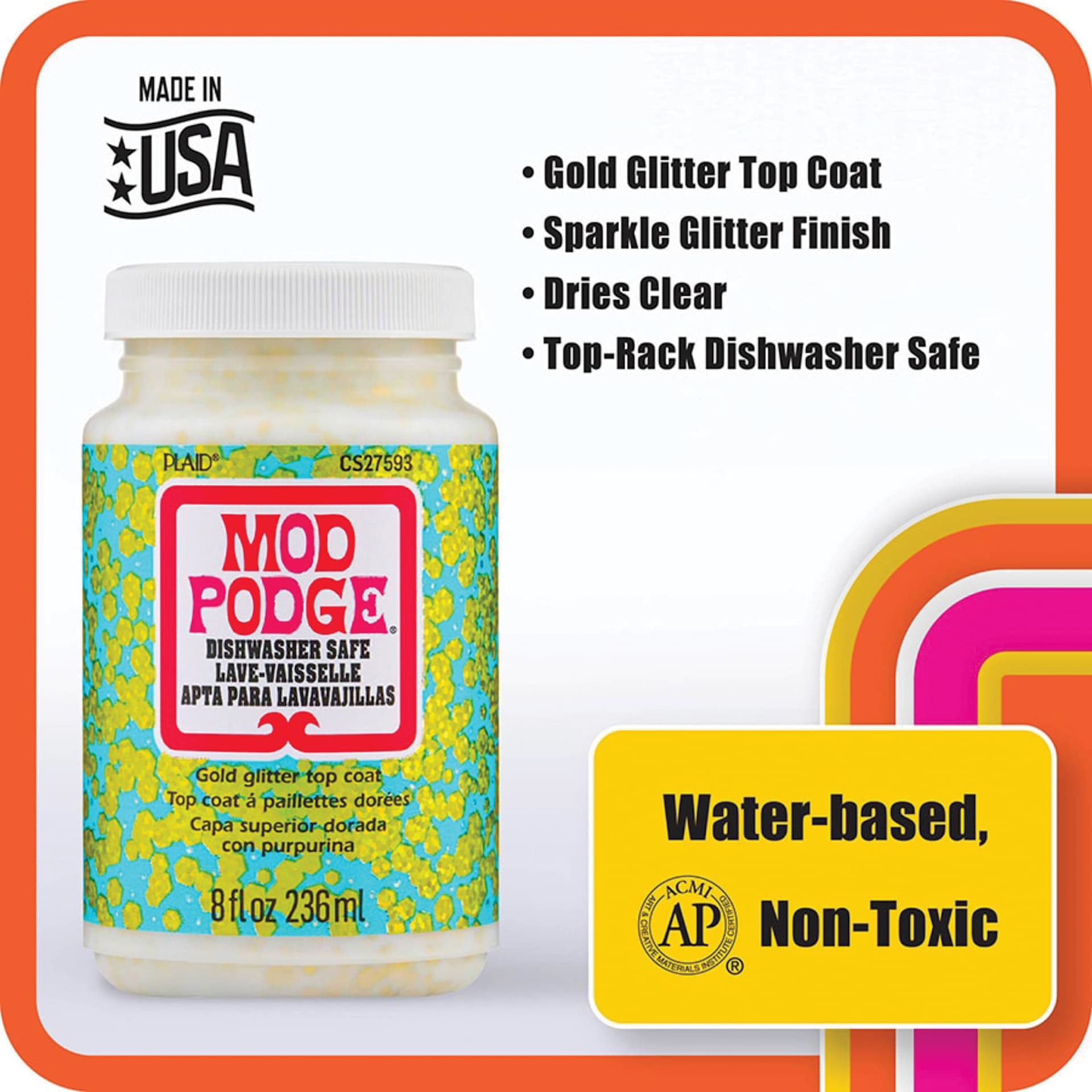 Mod Podge Dishwasher Safe Glitter Top Coat - 8 oz, features