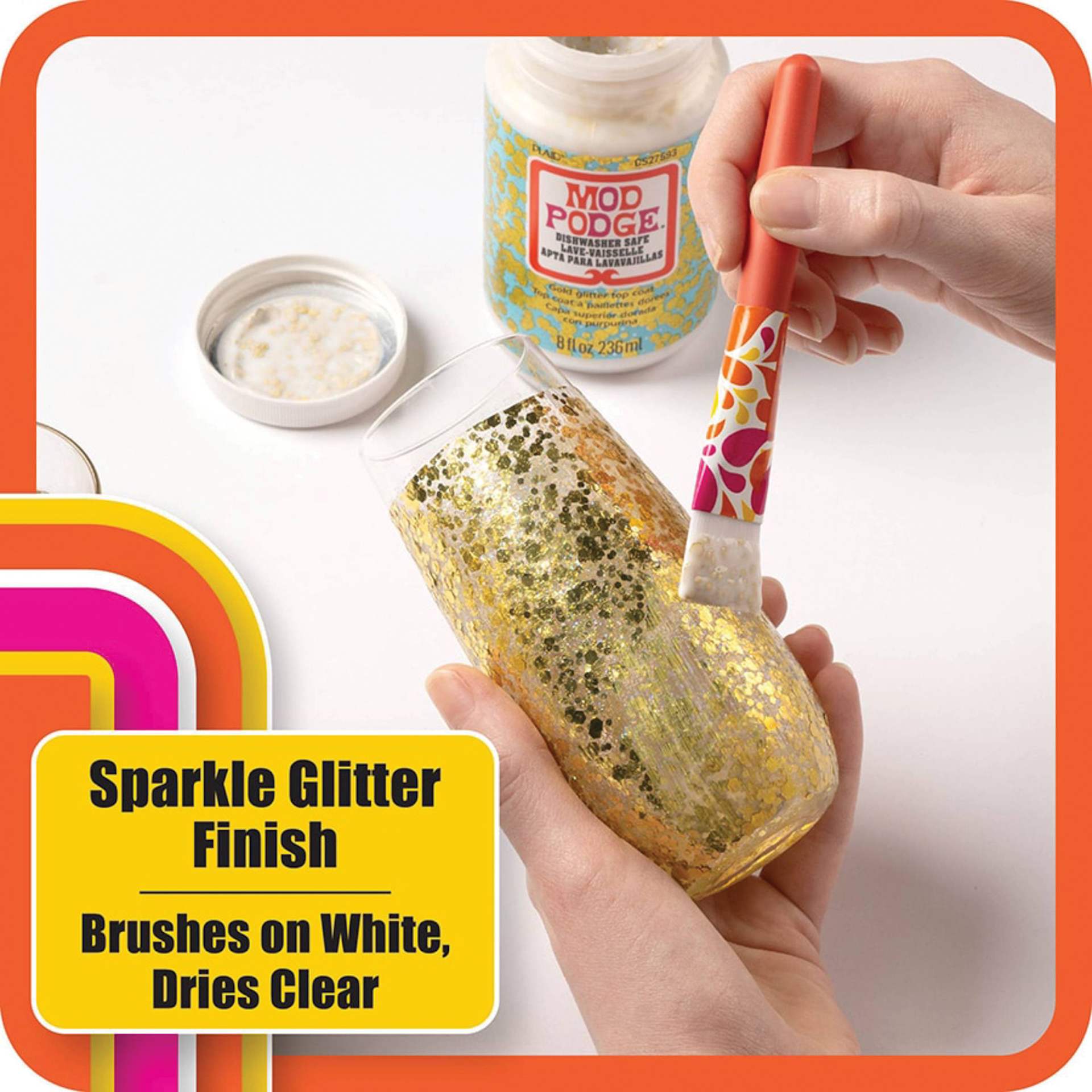 Mod Podge Dishwasher Safe Glitter Top Coat - 8 oz, Mod Podge being applied to glass