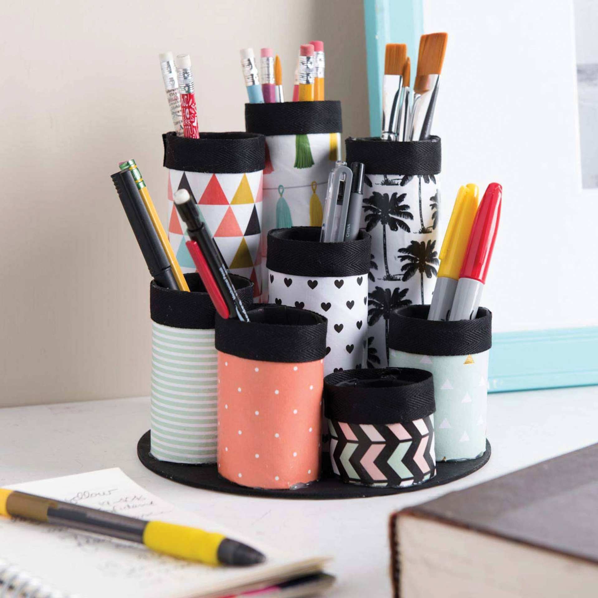 Mod Podge, pen and brush holders customized with patterned paper
