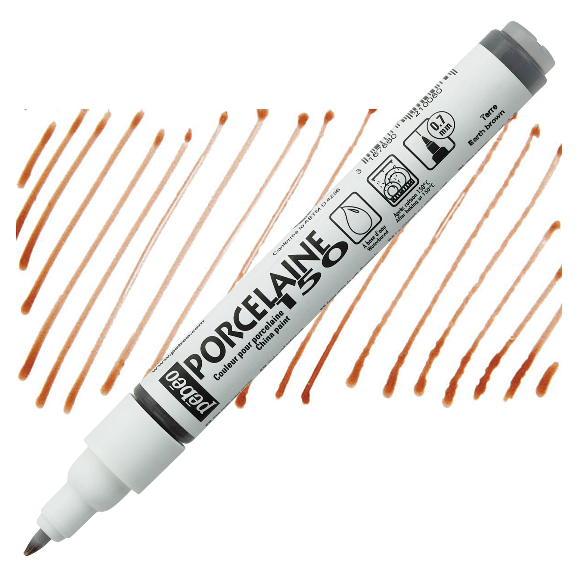 Pebeo Porcelaine 150 Paint Marker - Earth Brown, Fine Point marker and swatch