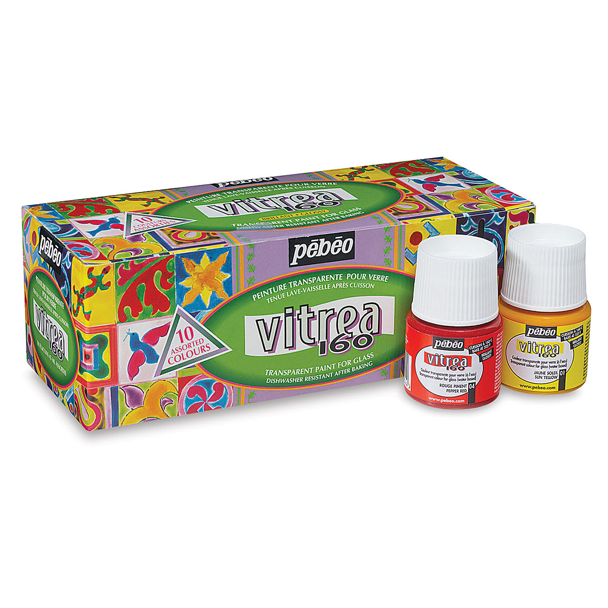 Pebeo Vitrea 160 Glass Paint Sets - Front of package of Set of 10 shown with 2 Paints adjacent