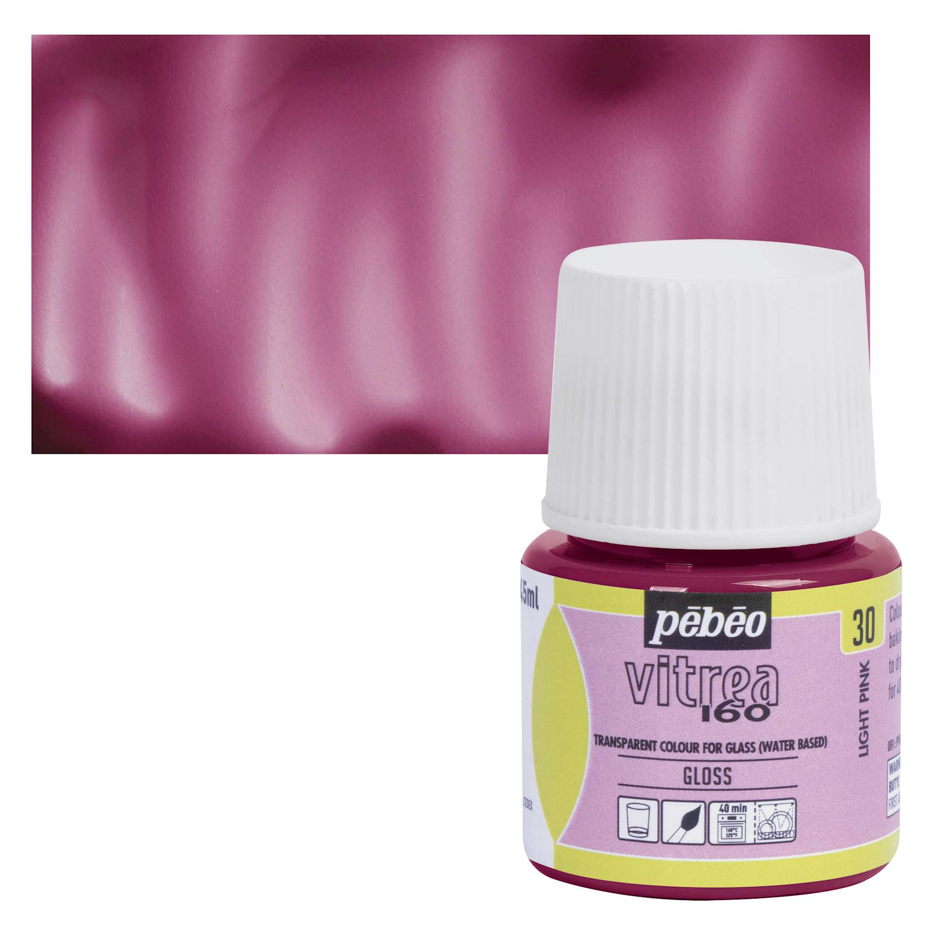 Pebeo Vitrea 160 Glass Paint - Light Pink, Glossy, 45 ml bottle (swatch and bottle)