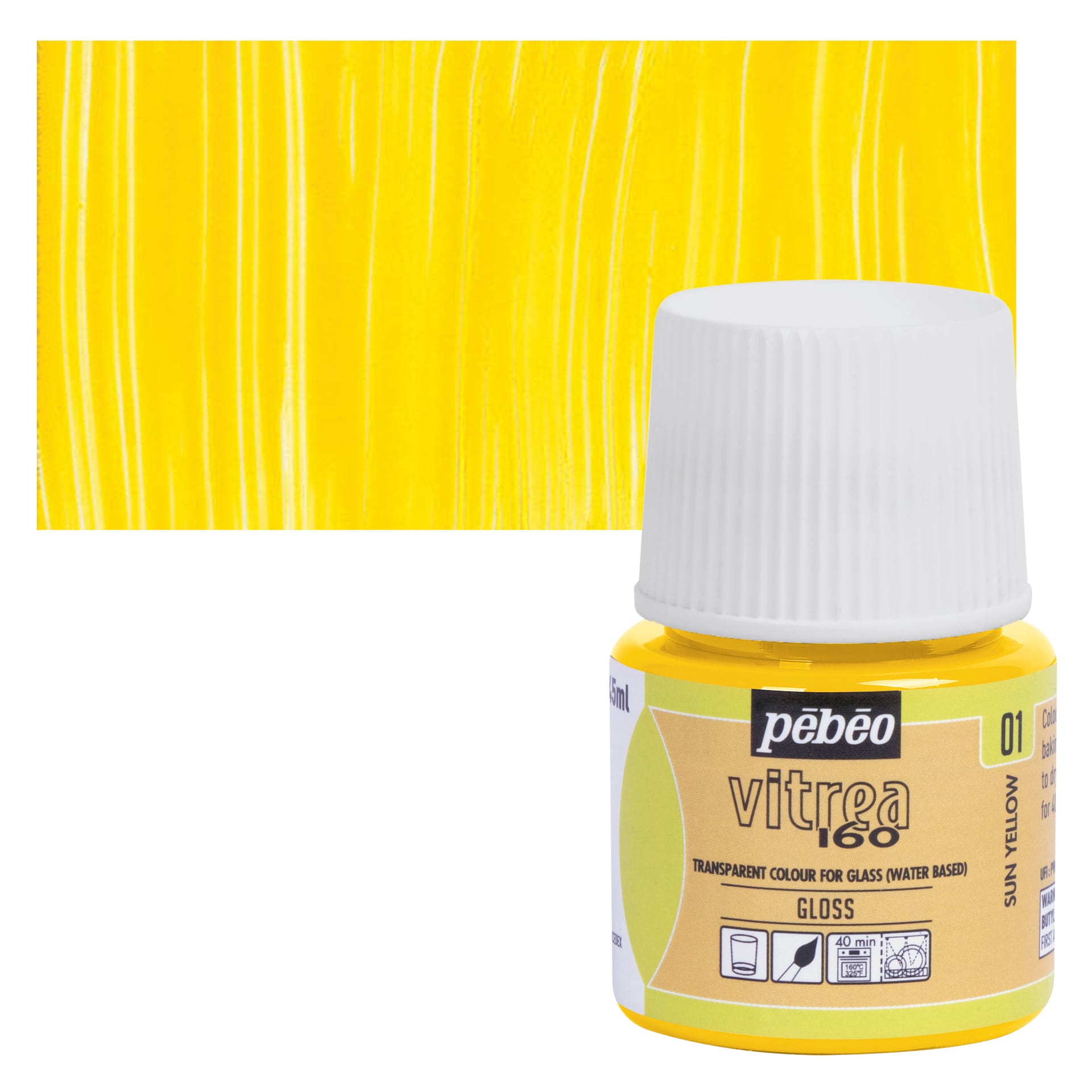 Pebeo Vitrea 160 Glass Paint - Sun Yellow, Glossy, 45 ml bottle and swatch