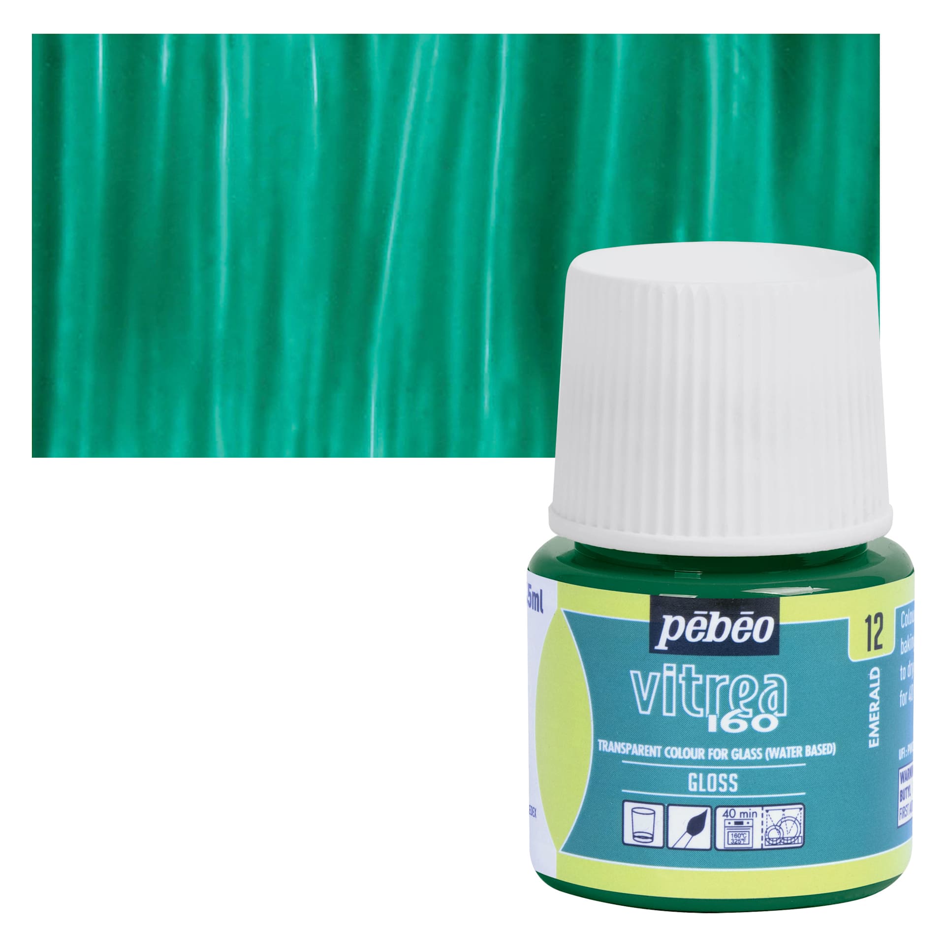 Pebeo Vitrea 160 Glass Paint - Emerald, Glossy, 45 ml bottle and swatch