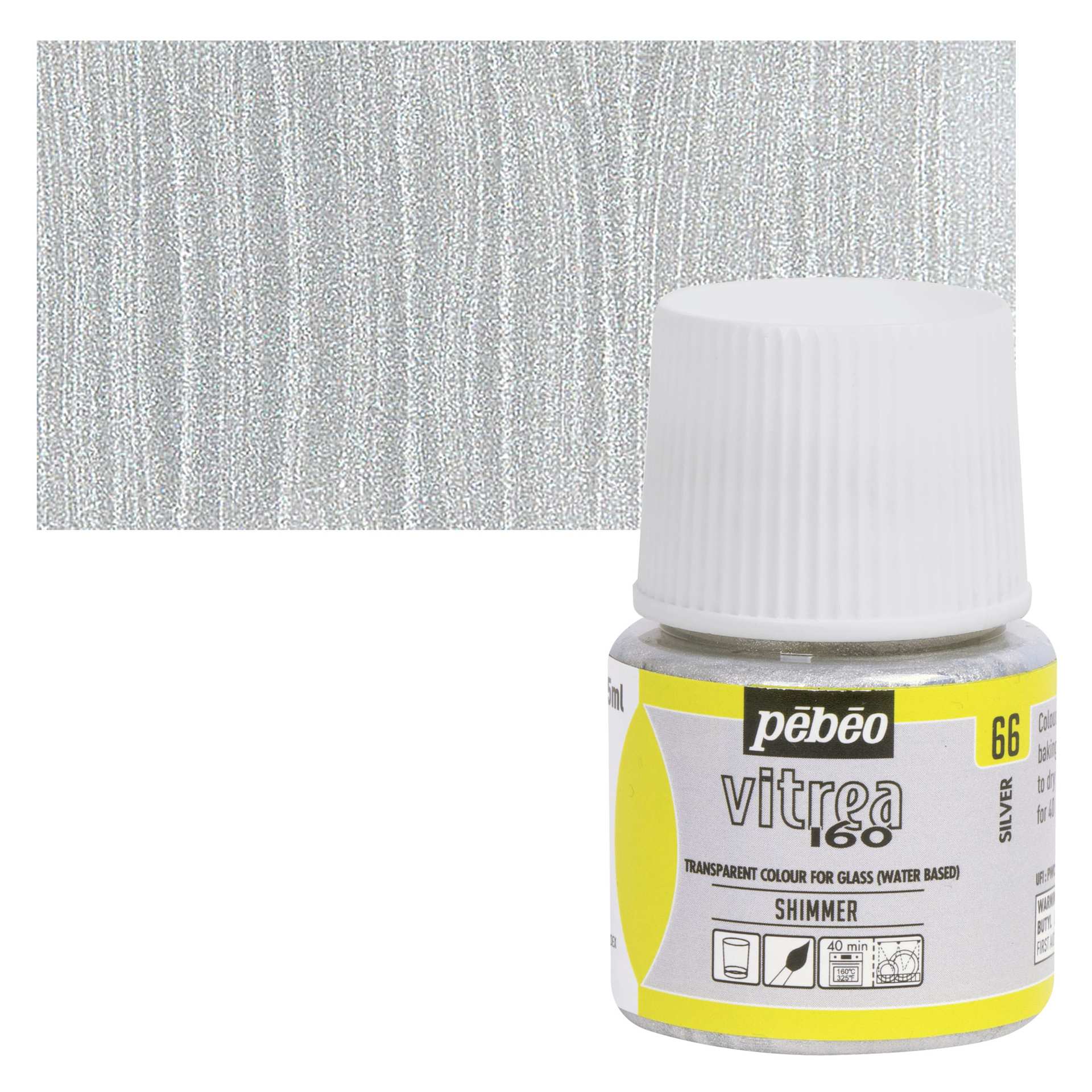 Pebeo Vitrea 160 Glass Paint - Silver, Shimmer, 45 ml bottle and swatch