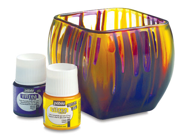 Pebeo Vitrea 160 Glass Paint 2 bottles of Glass paint shown with finished bowl