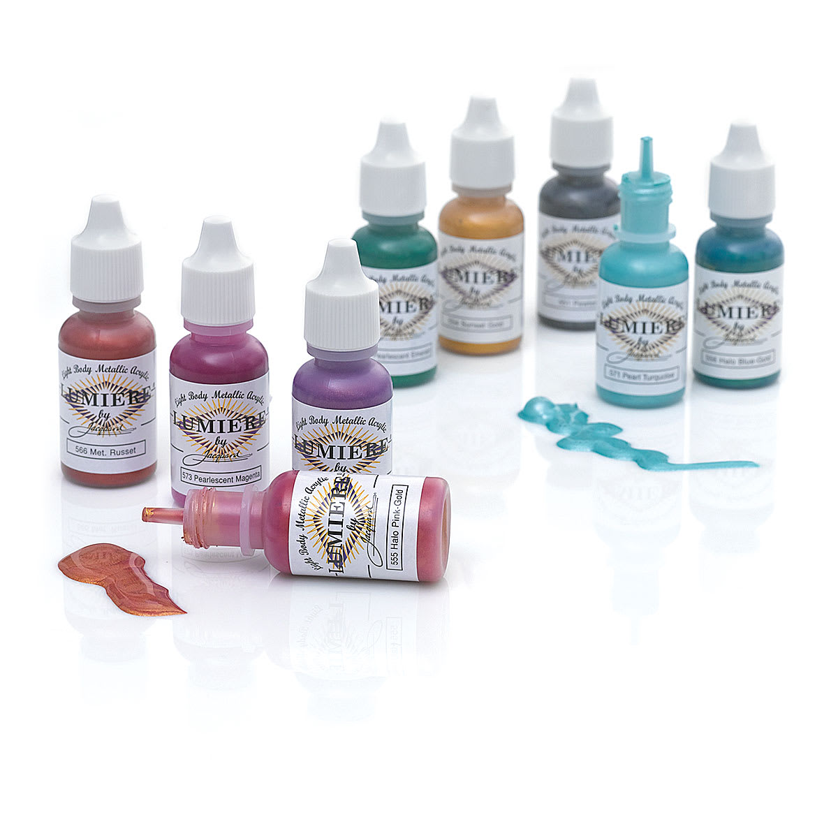 Jacquard Lumiere Acrylic Paint Sets - Components of 9pc Exciter pack shown with one .5oz bottle open