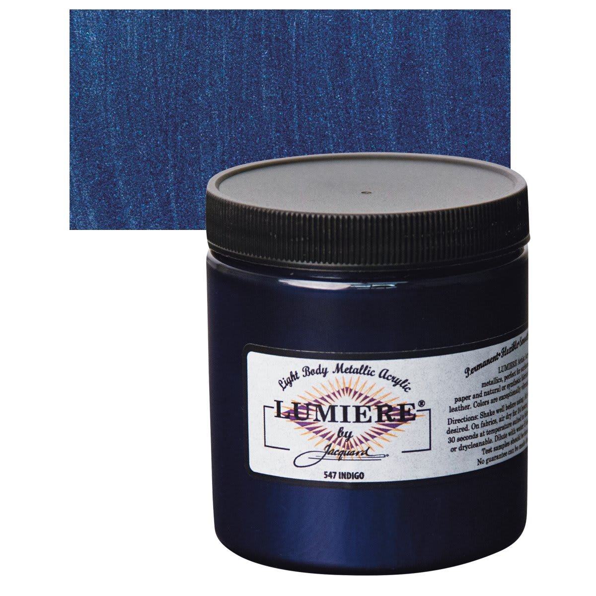 Jacquard Lumiere Acrylic - Indigo, 8 oz Jar and swatch