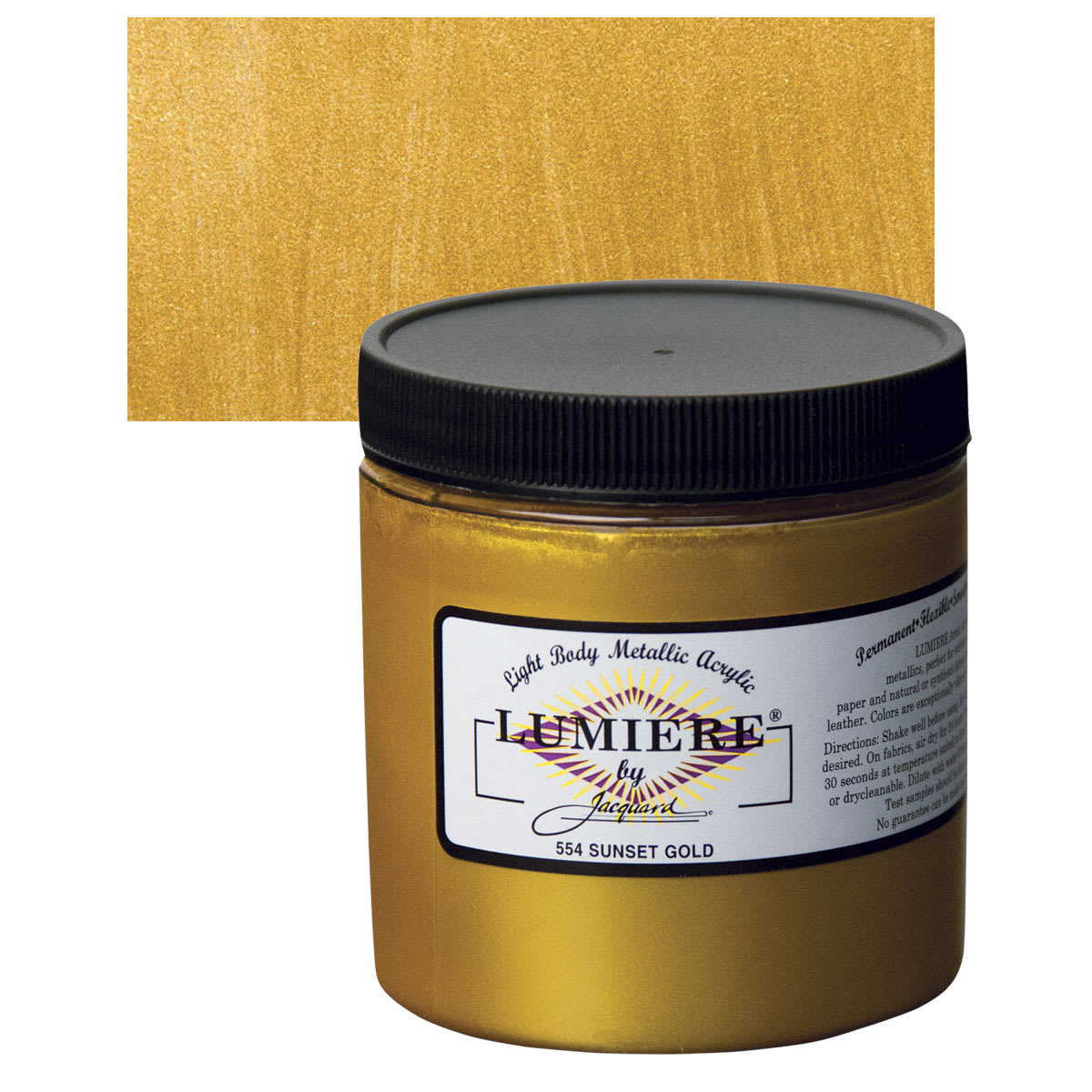 Jacquard Lumiere Acrylic - Sunset Gold, 8 oz Jar and swatch
