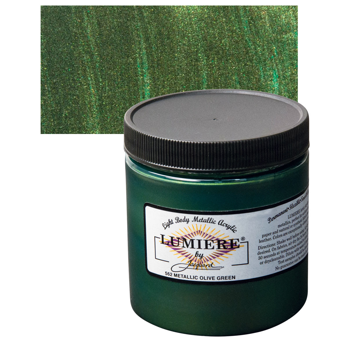 Jacquard Lumiere Acrylic - Metallic Olive Green, 8 oz Jar and swatch
