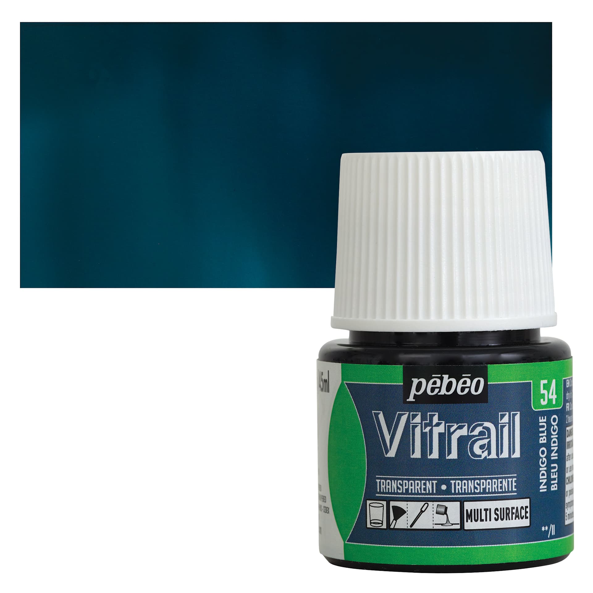 Pebeo Vitrail Paint - Indigo Blue, 45 ml bottle and swatch