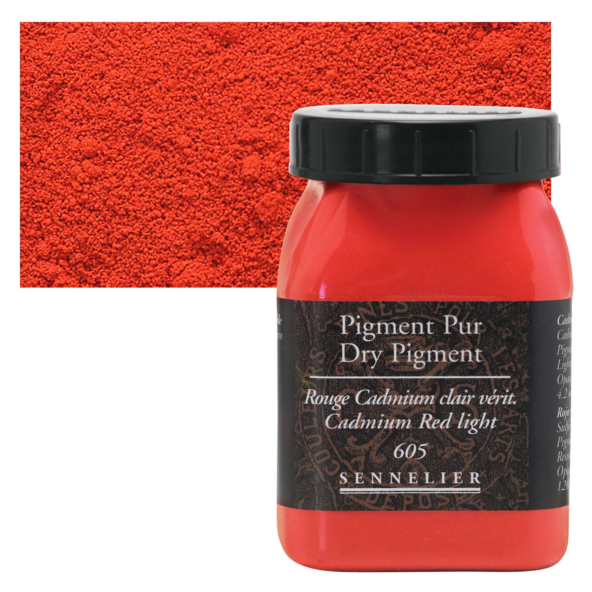 Sennelier Dry Pigment - Cadmium Red Light, 120 g jar and swatch
