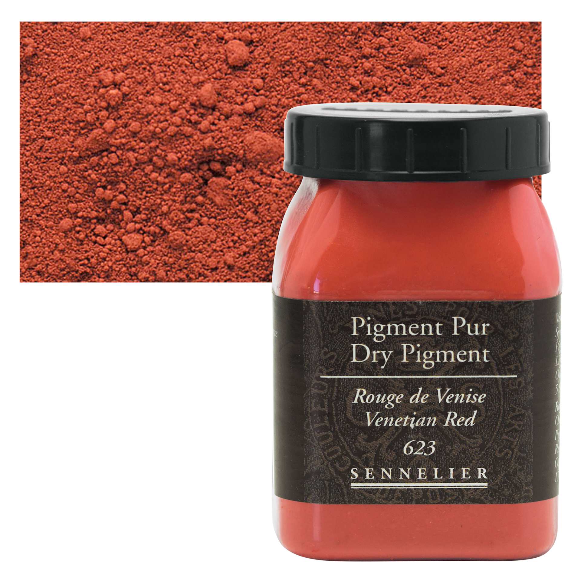 Sennelier Dry Pigment - Venetian Red, 170 g jar and swatch