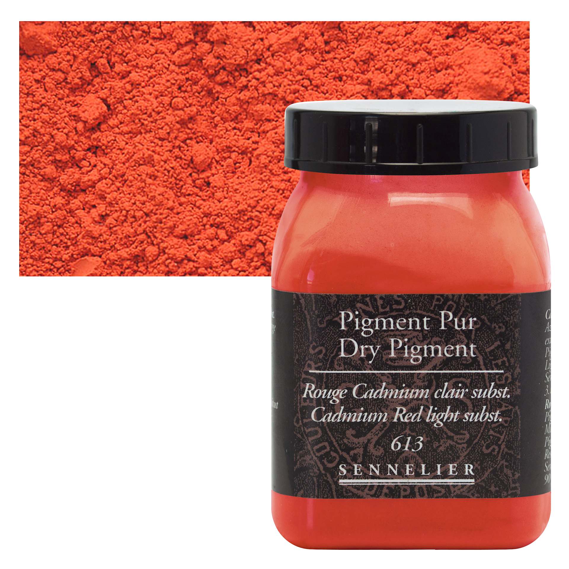 Sennelier Dry Pigment - Cadmium Red Light Hue, 90 g jar and swatch