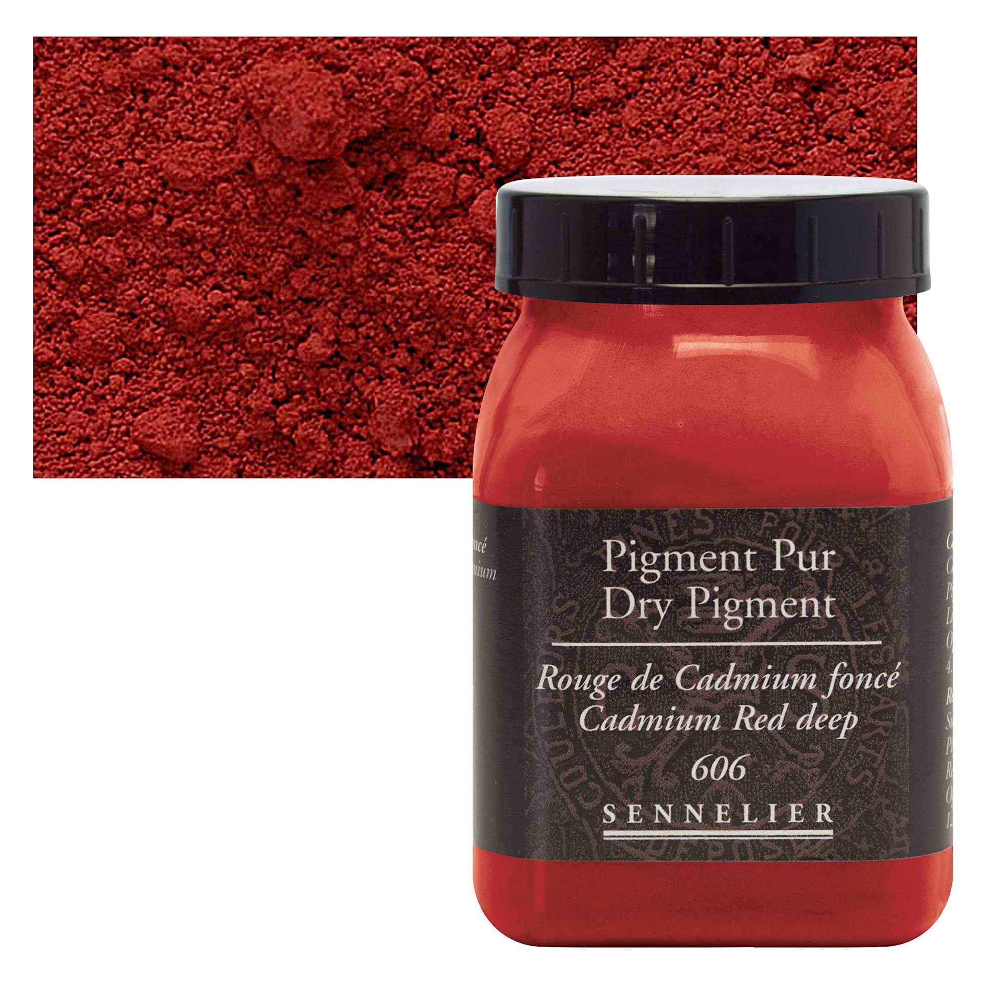 Sennelier Dry Pigment - Cadmium Red Deep, 120 g jar and swatch