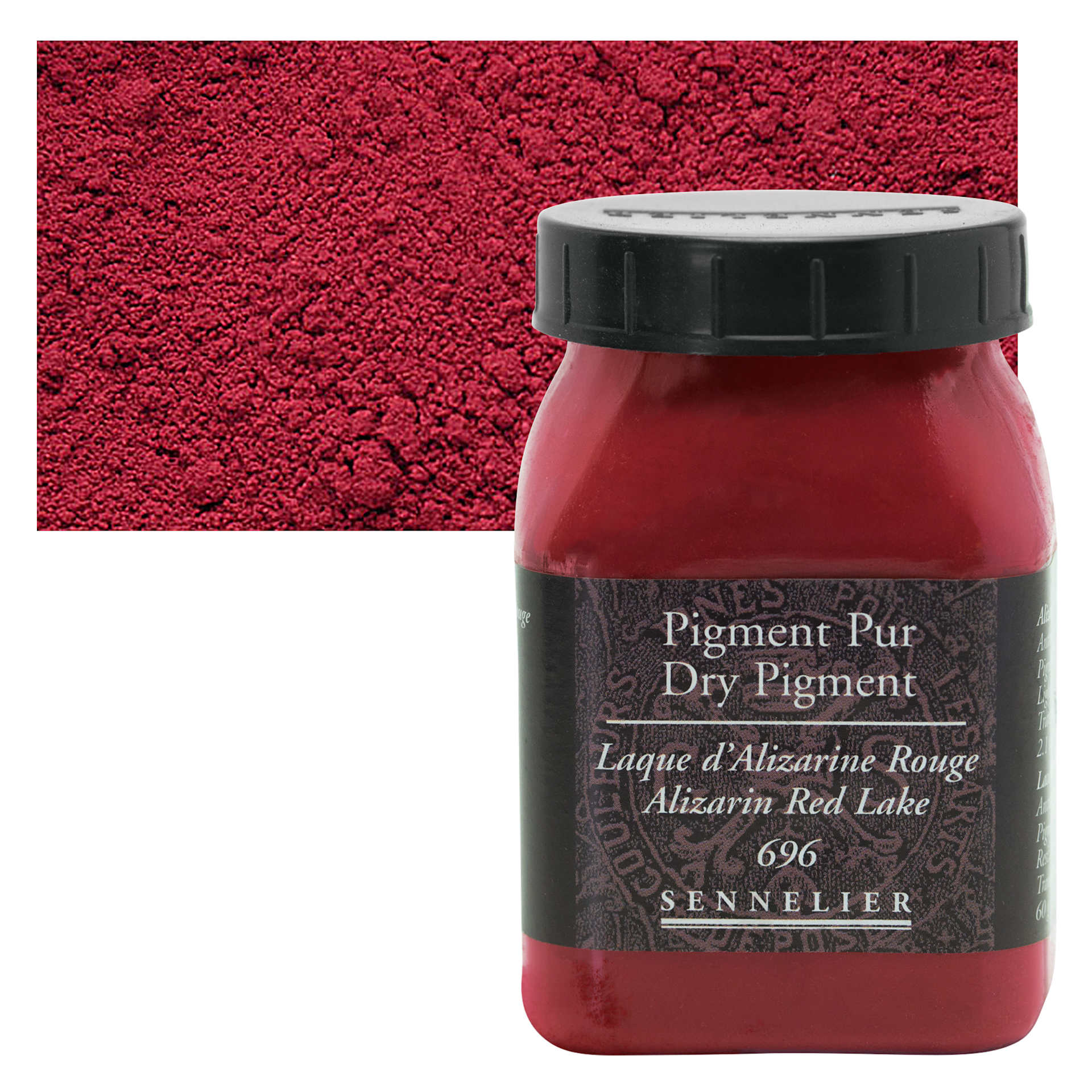 Sennelier Dry Pigment - Alizarin Red Lake, 60 g jar and swatch