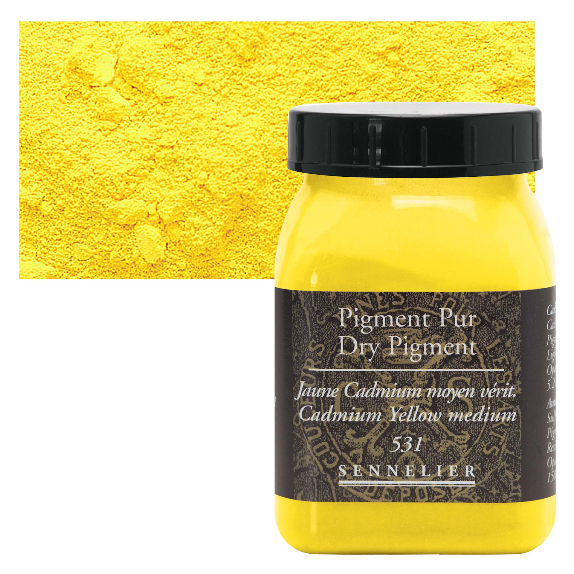 Sennelier Dry Pigment - Cadmium Yellow Medium, 150 g jar and swatch