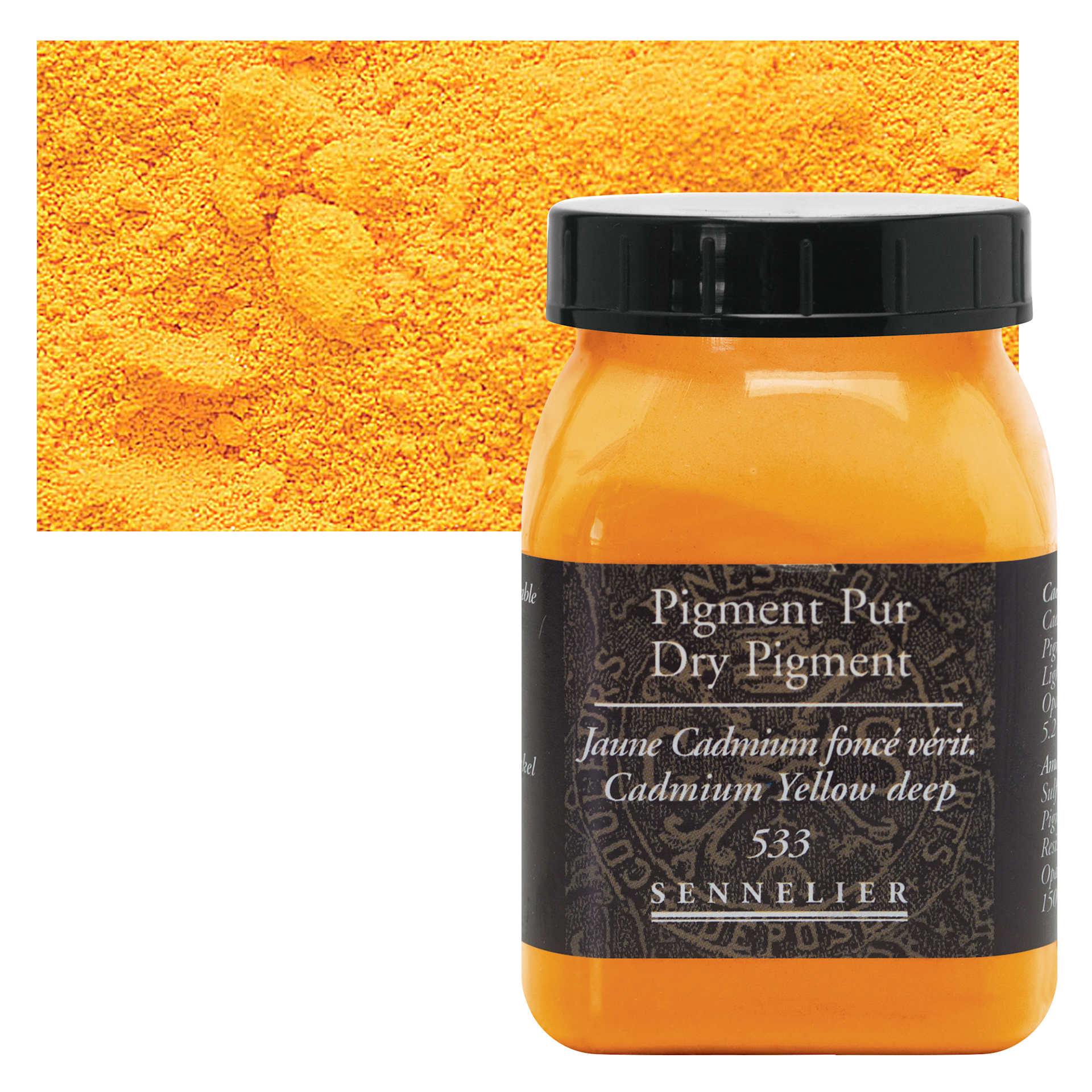 Sennelier Dry Pigment - Cadmium Yellow Deep, 150 g jar and swatch