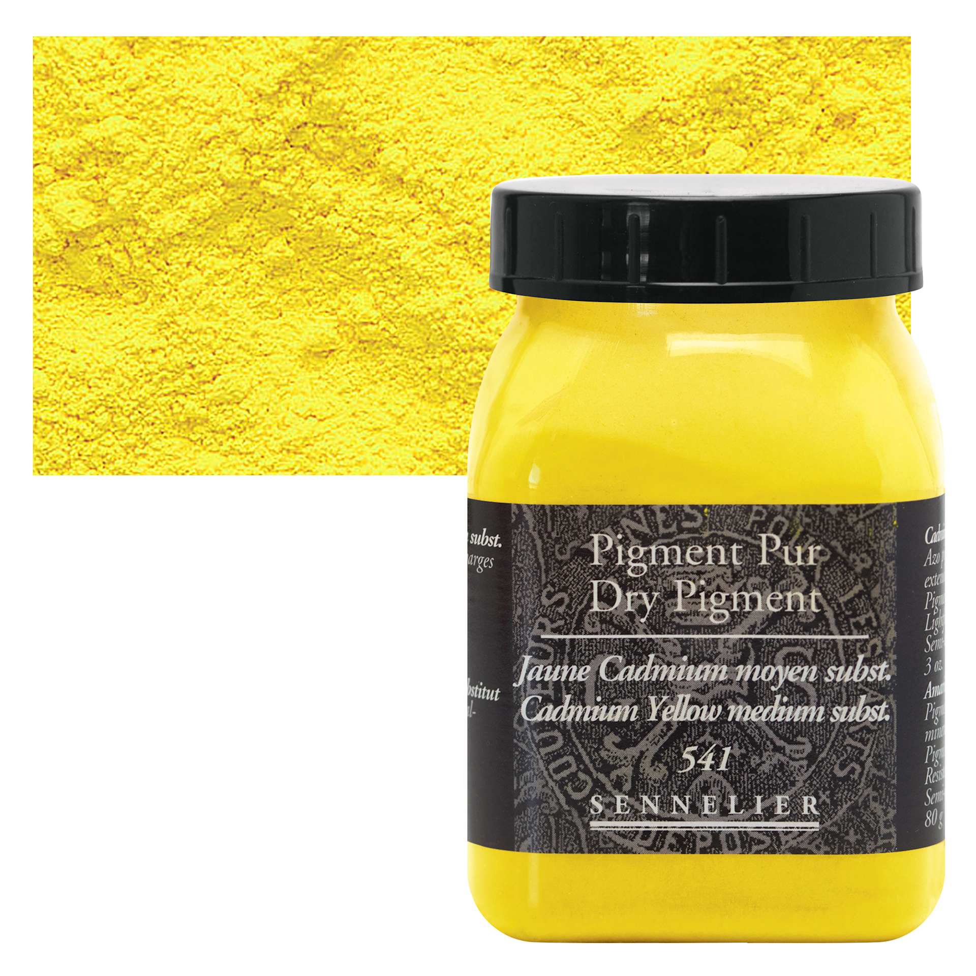 Sennelier Dry Pigment - Cadmium Yellow Medium Hue, 80 g jar and swatch