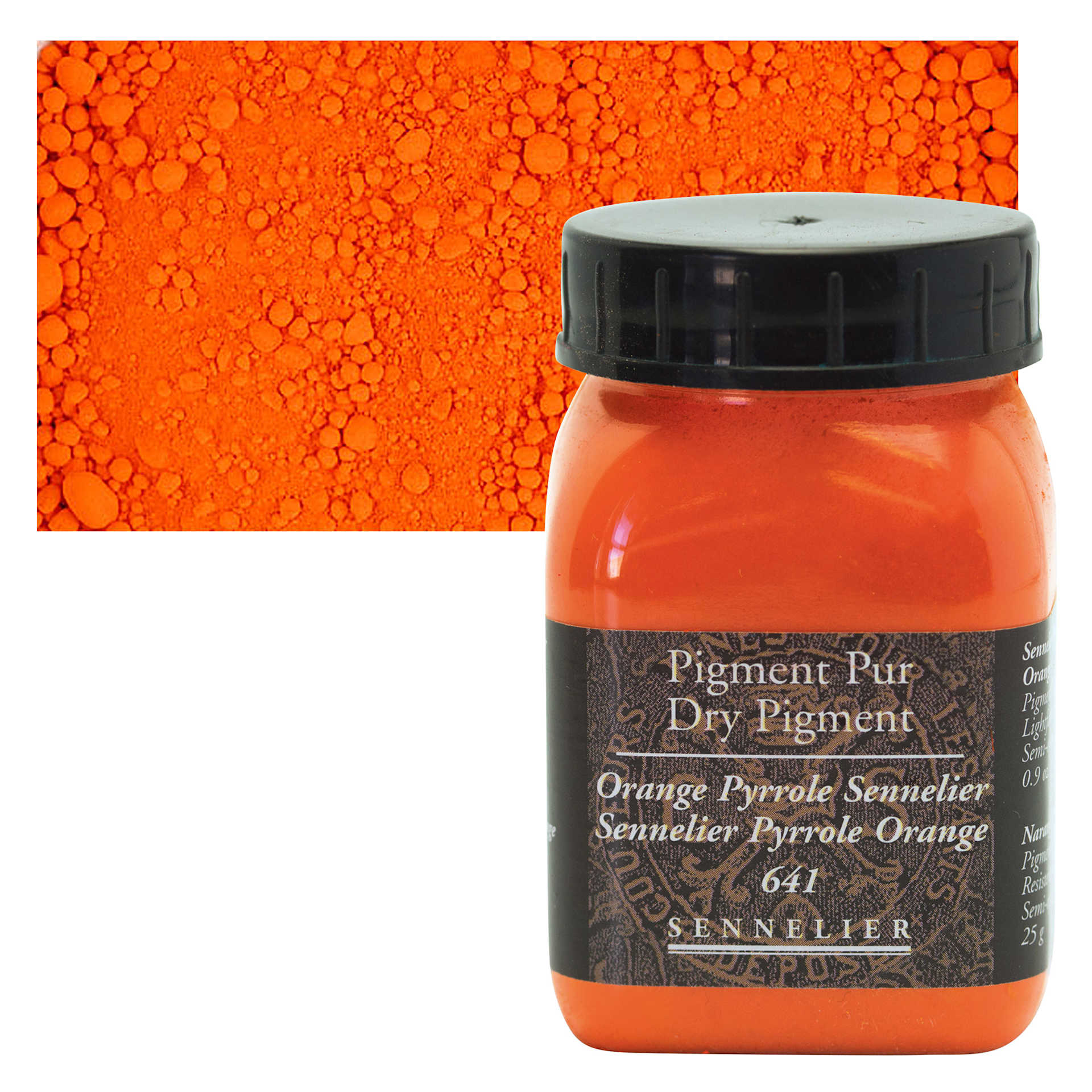 Sennelier Dry Pigment - Pyrrole Orange, 25 g jar and swatch