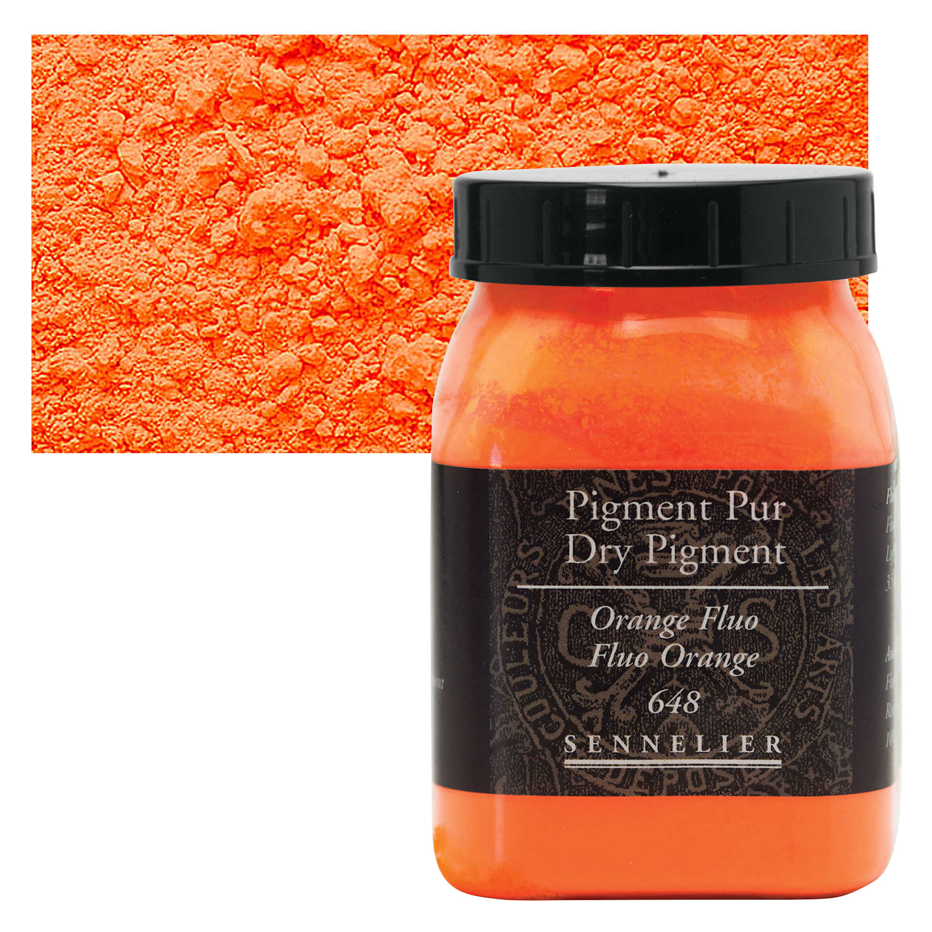 Sennelier Dry Pigment - Fluorescent Orange, 100 g jar and swatch