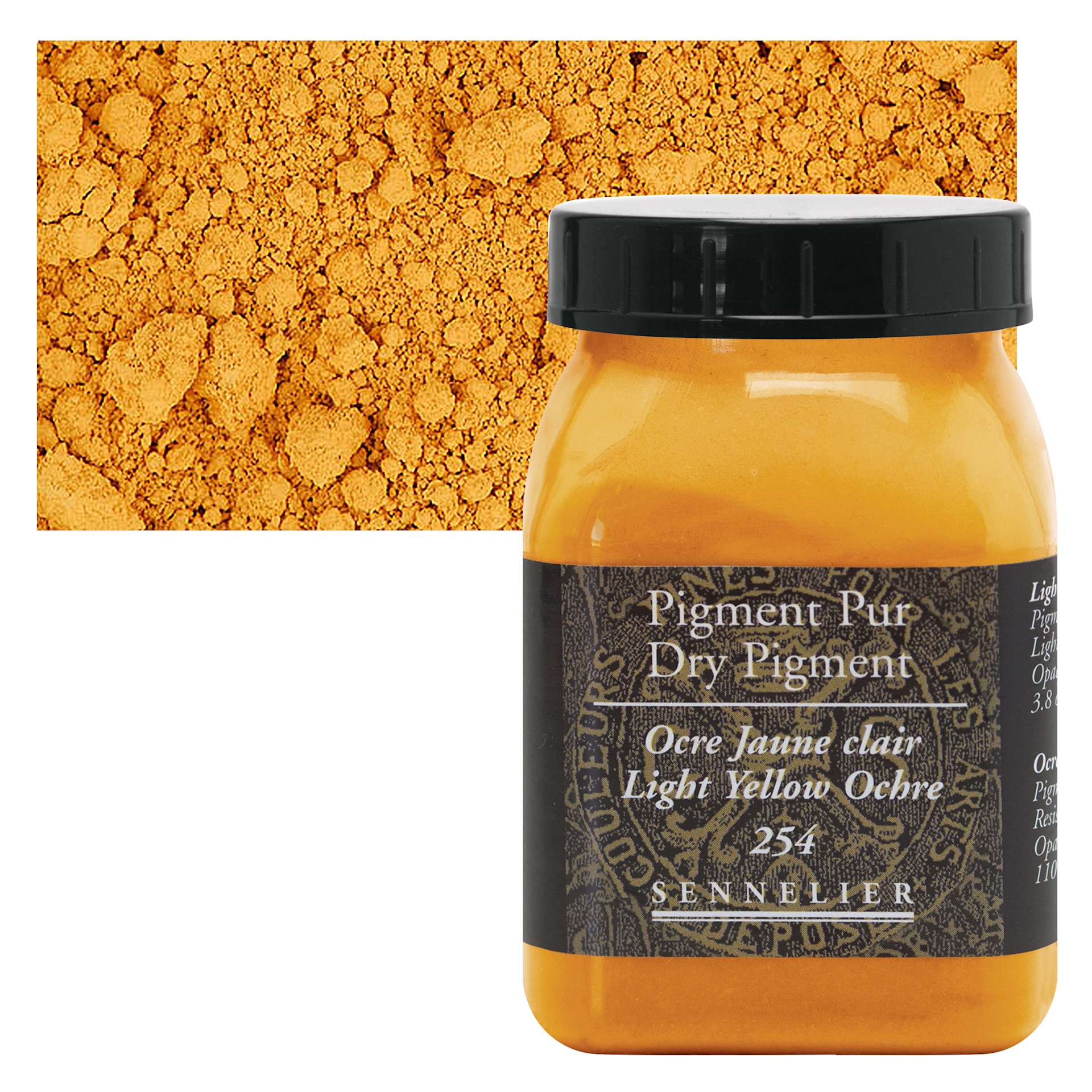 Sennelier Dry Pigment - Light Yellow Ochre, 110 g jar and swatch