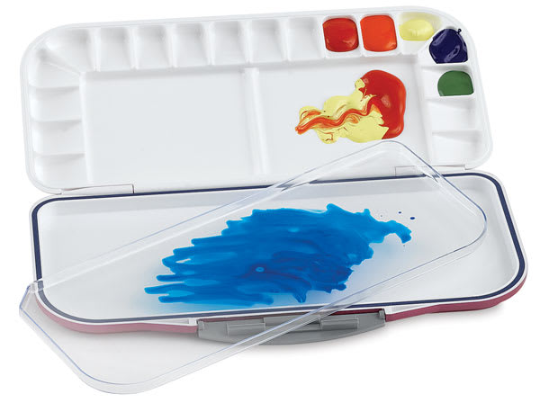 Mijello Fusion Airtight Watercolor Palette - 18 well Palette open with some paint Mijello Fusion Airtight Watercolor Palette - 18 well Palette open with some paint