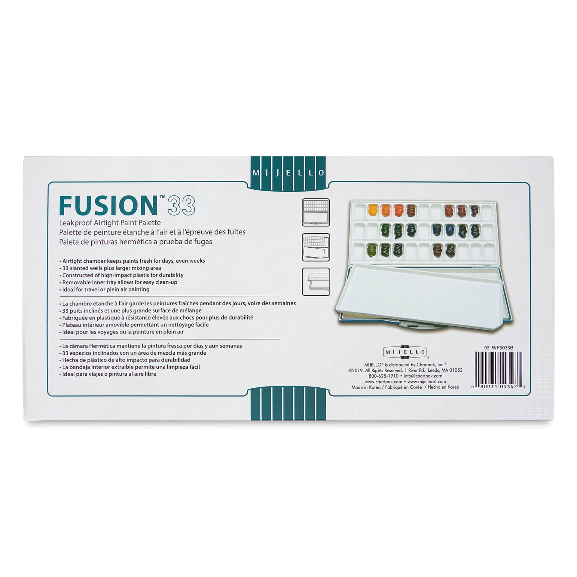 Mijello Fusion Airtight/Leakproof Palette - Blue, 33 Wells, back of the packaging