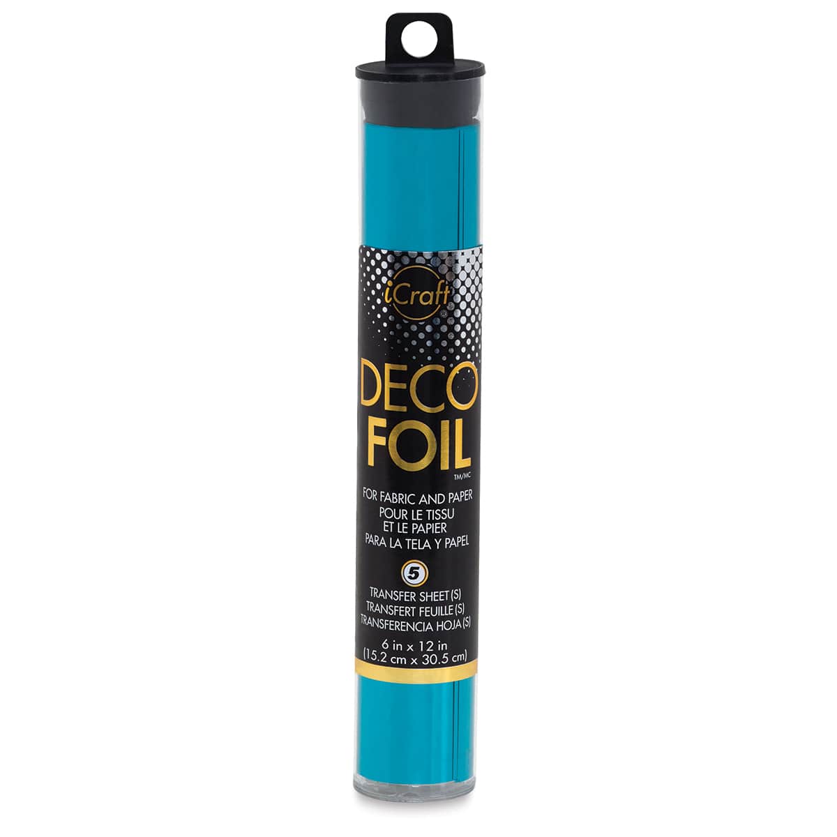 iCraft Deco Foil - Roll of Teal Foil sheets shown upright with label