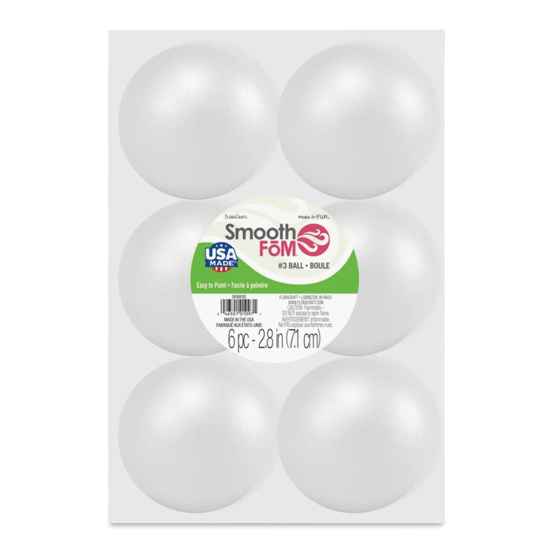 FloraCraft SmoothFoM Foam - Ball, Pkg of 6, 3" Dia front of packaging