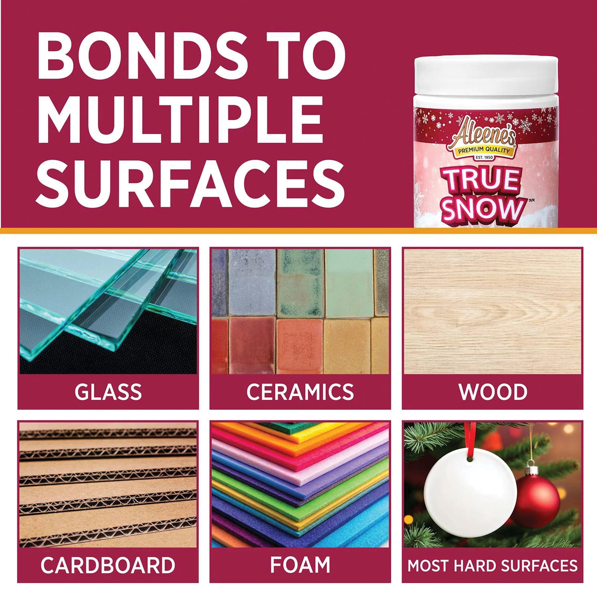 Bonds to multiple surfaces: glass, ceramics, wood, cardboard, foam, and most hard surfaces.