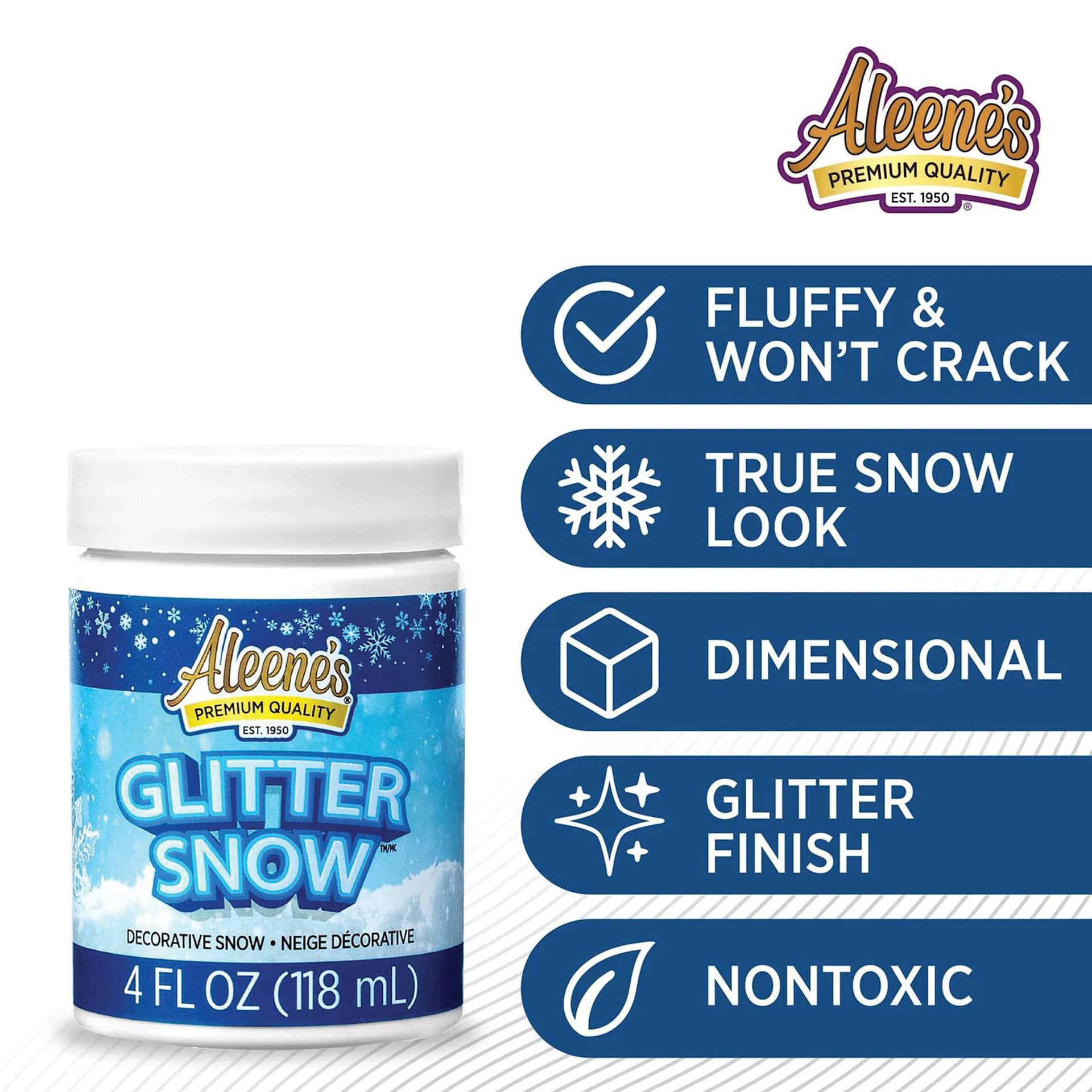 Fluffy and won't crack, true snow look, dimensional, glitter finish, and nontoxic.